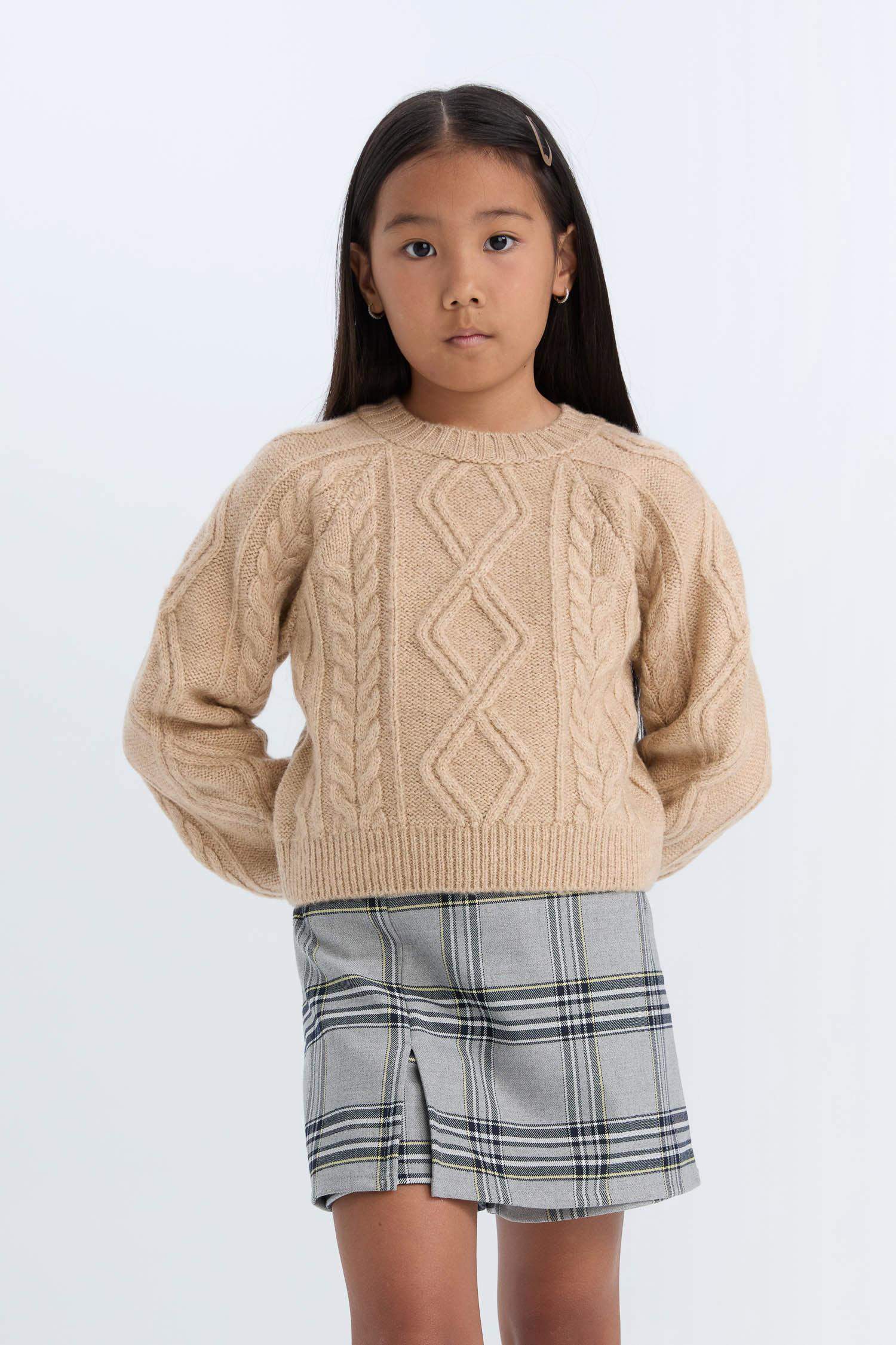 Kız Çocuk Örgü Detaylı Bisiklet Yaka Triko Kazak