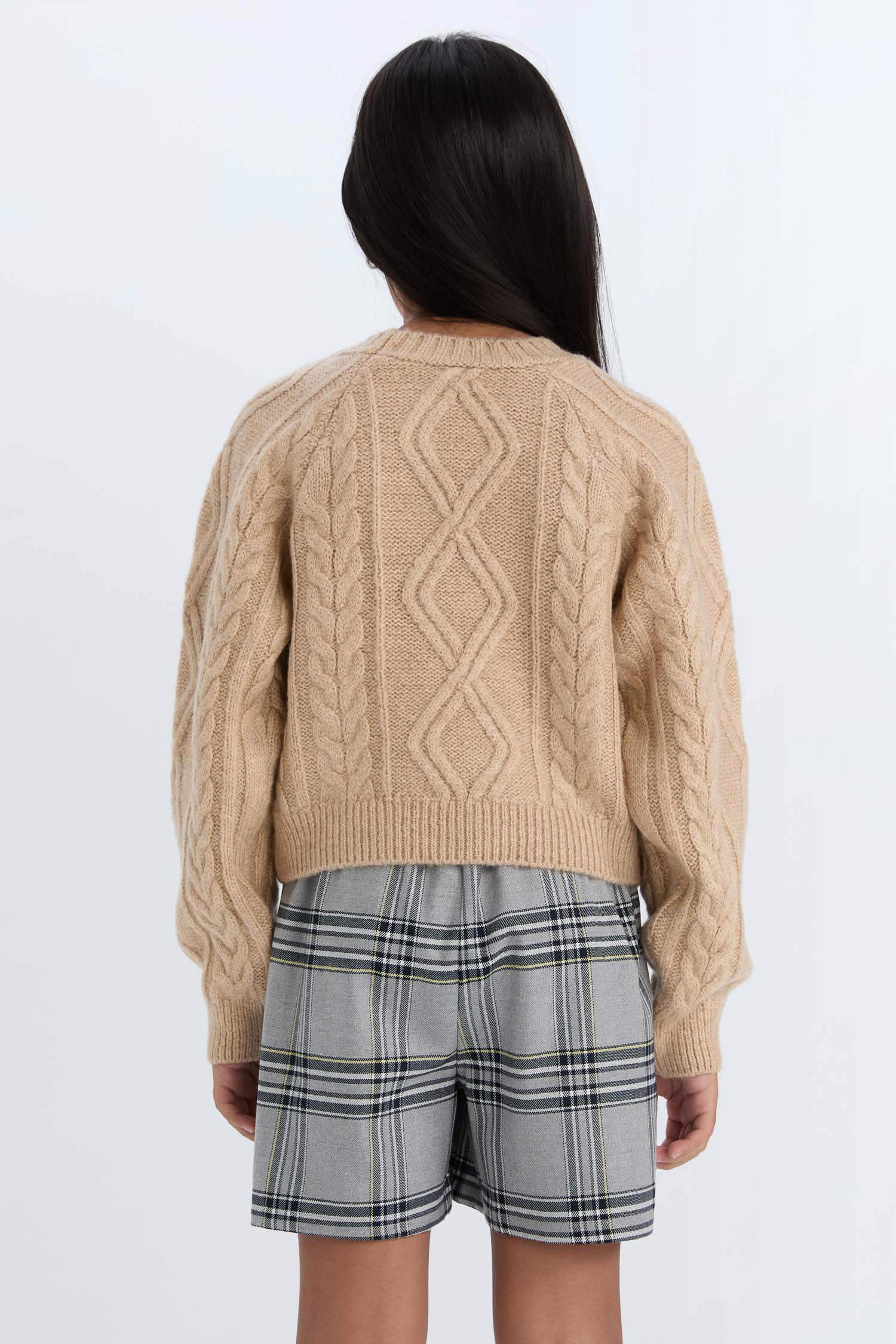 Kız Çocuk Örgü Detaylı Bisiklet Yaka Triko Kazak