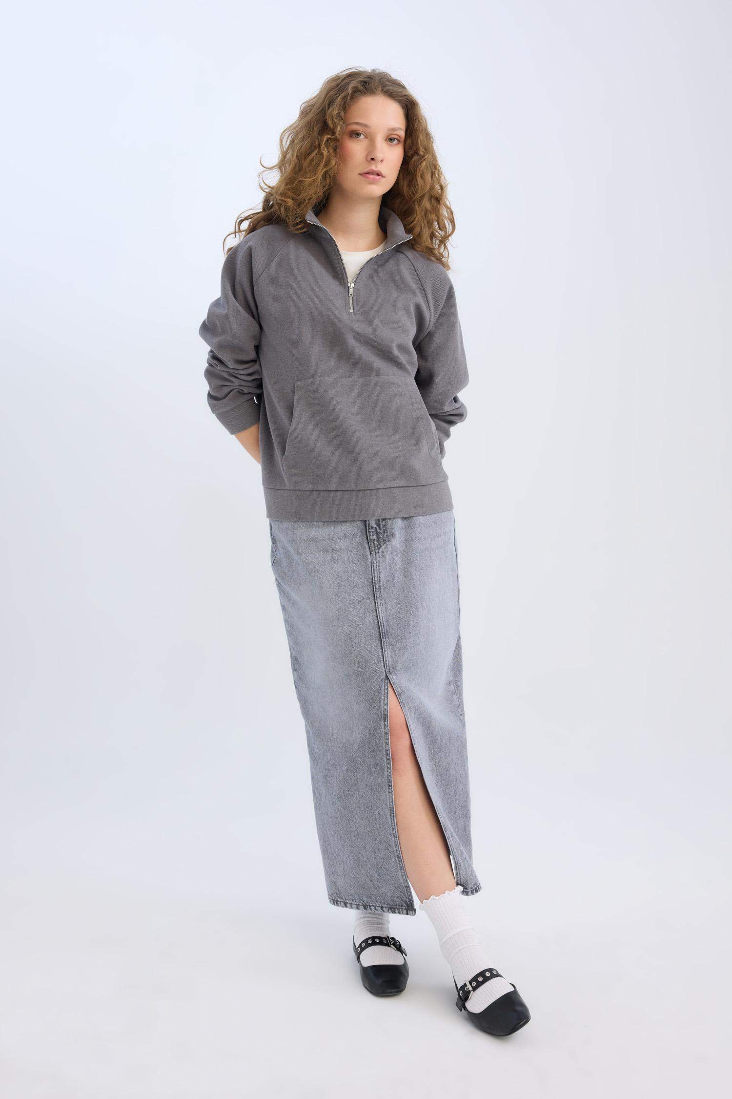 Long  Fit Yırtmaçlı Cepli Uzun Boy Jean Etek