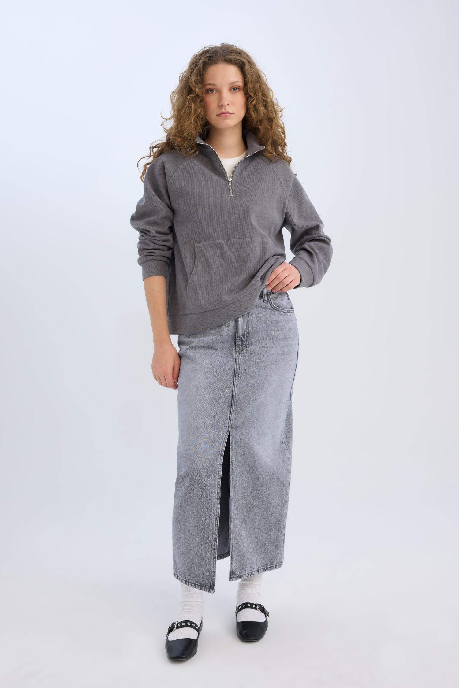 Long  Fit Yırtmaçlı Cepli Uzun Boy Jean Etek