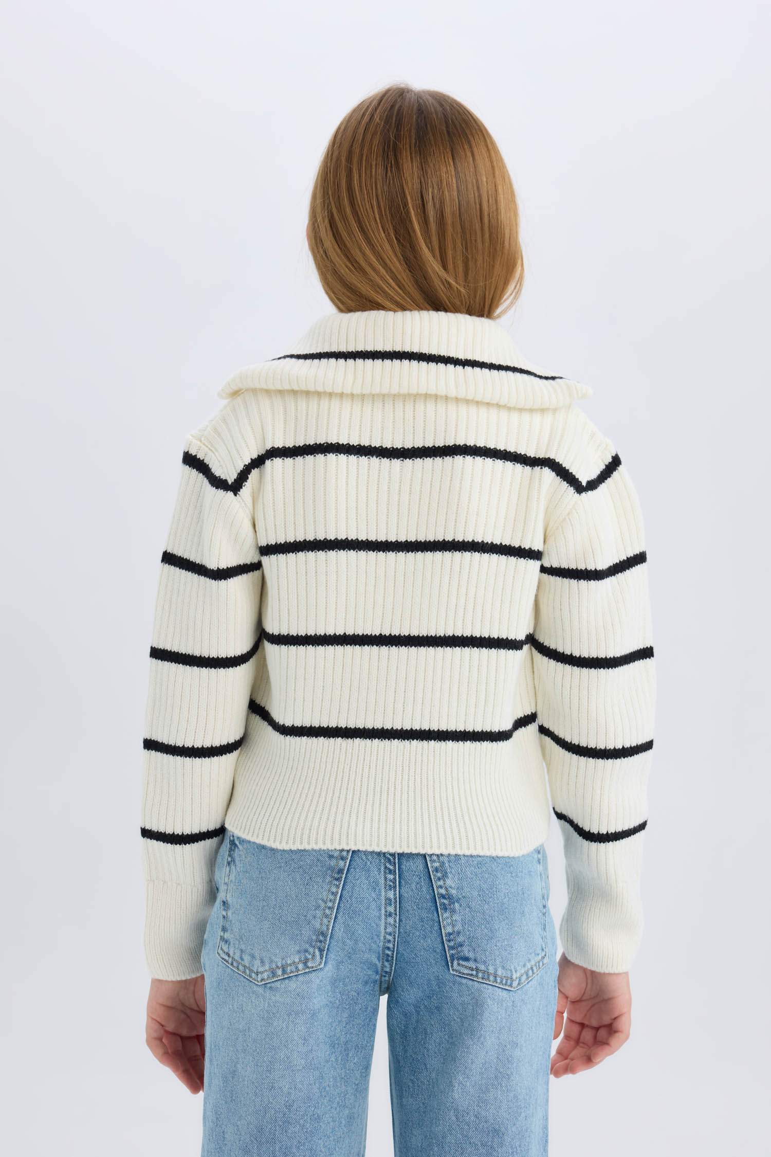 Kız Çocuk Çizgili Fermuarlı Triko Hırka