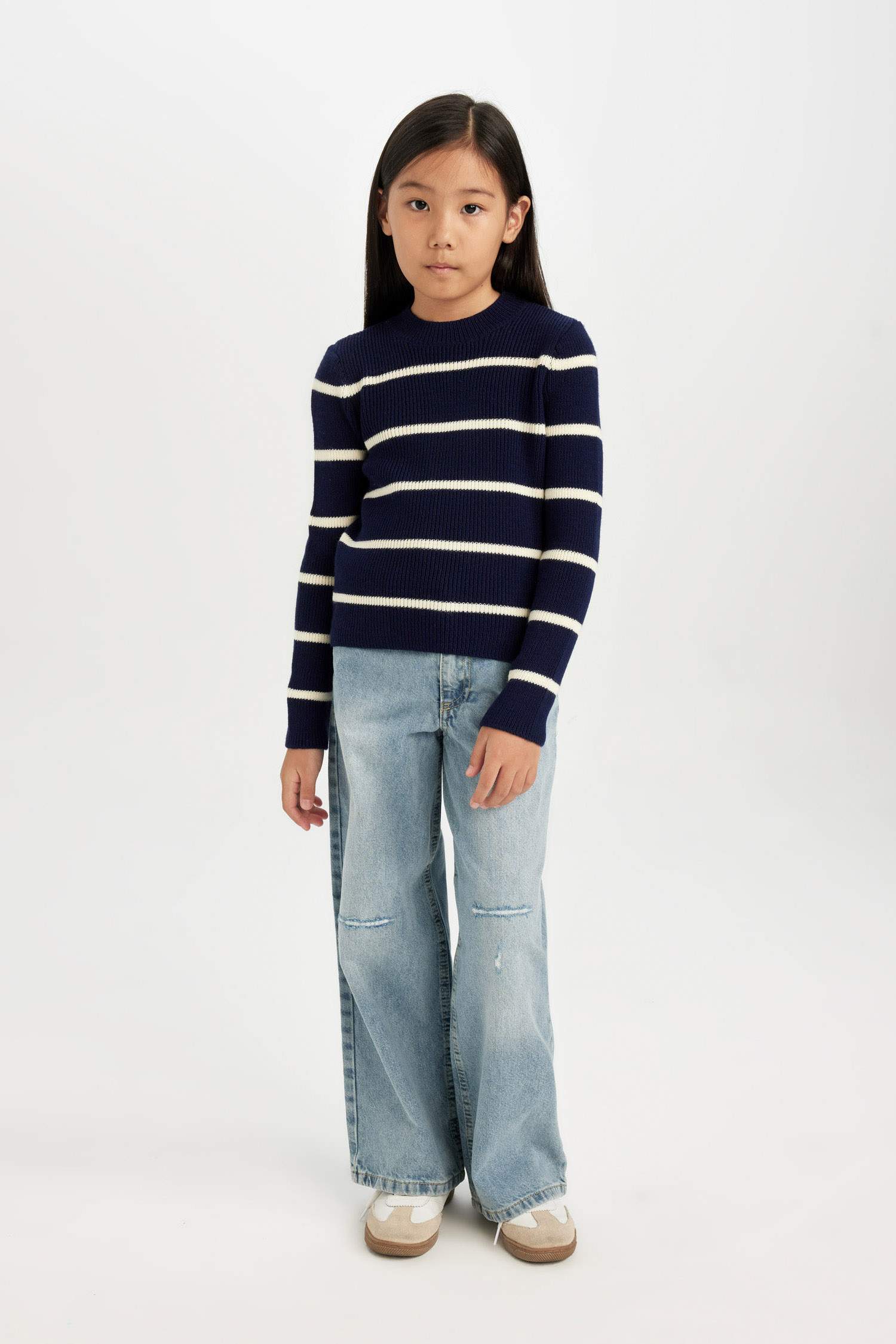 Kız Çocuk Lacivert Çizgili Fitted Bisiklet Yaka Triko Kazak