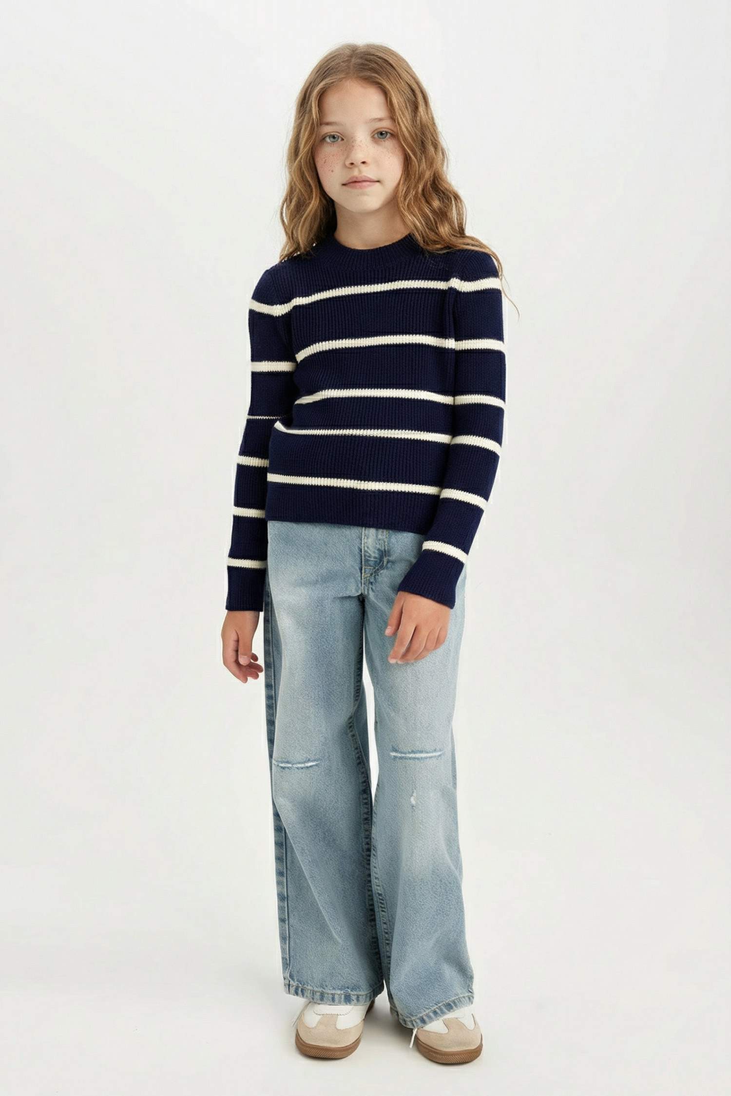 Kız Çocuk Lacivert Çizgili Fitted Bisiklet Yaka Triko Kazak