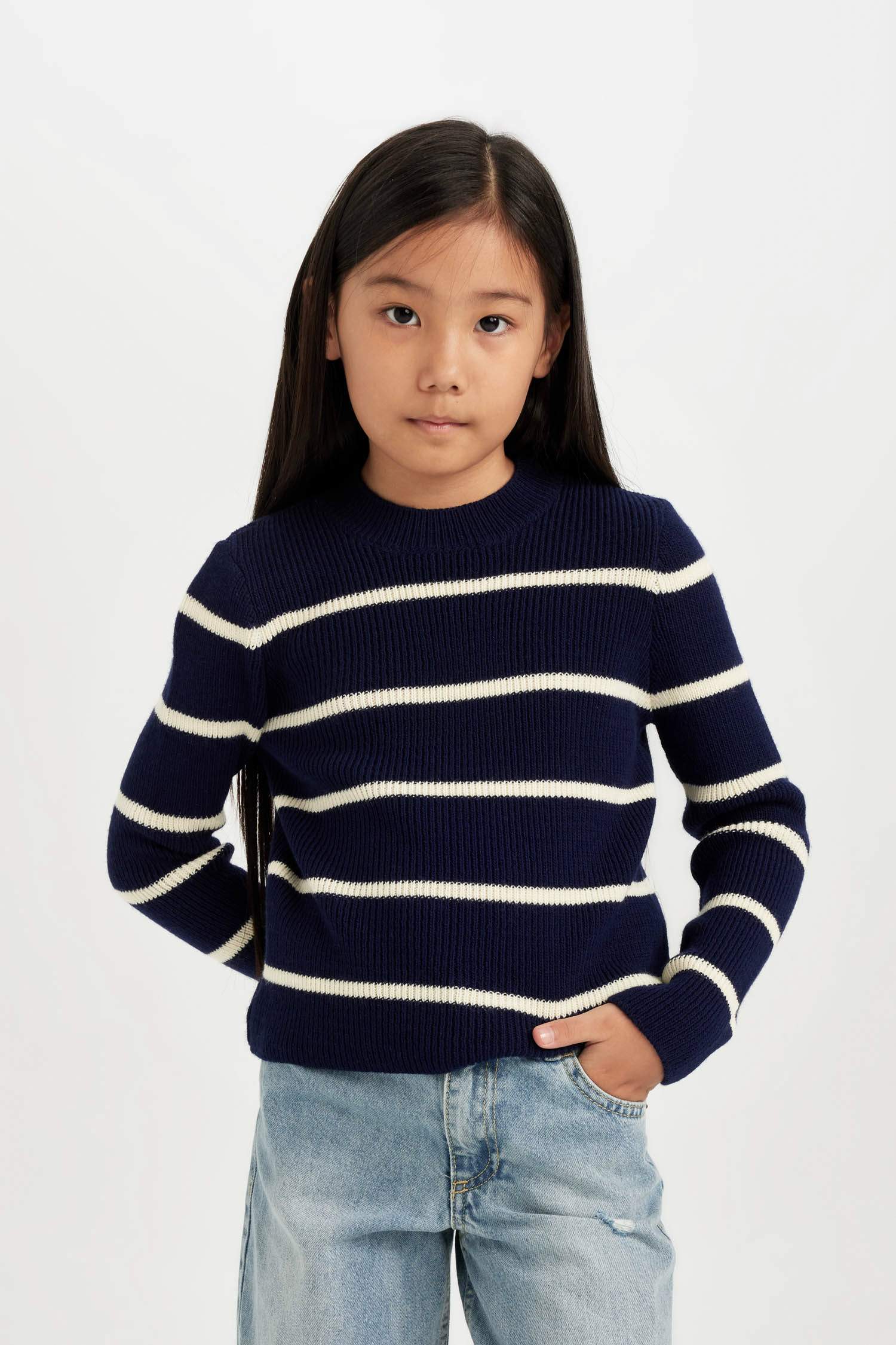 Kız Çocuk Lacivert Çizgili Fitted Bisiklet Yaka Triko Kazak