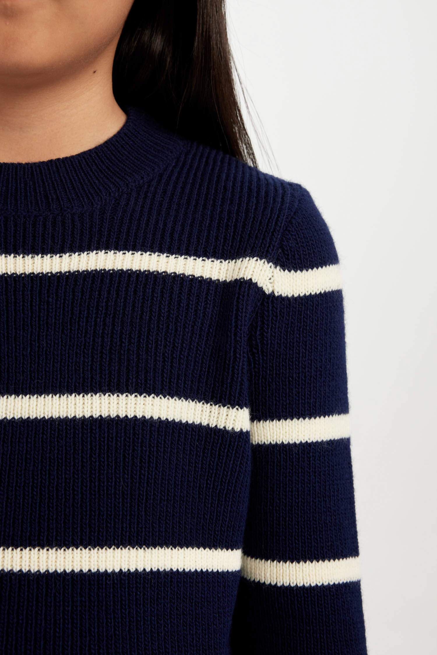 Kız Çocuk Lacivert Çizgili Fitted Bisiklet Yaka Triko Kazak