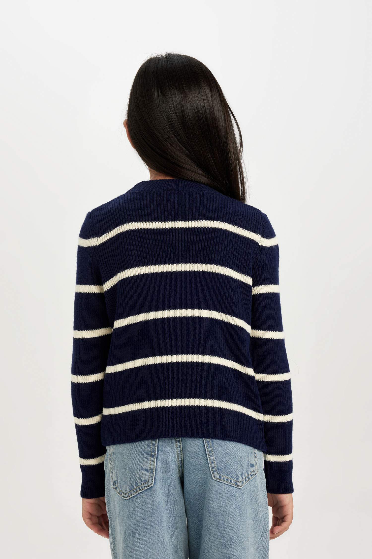 Kız Çocuk Lacivert Çizgili Fitted Bisiklet Yaka Triko Kazak