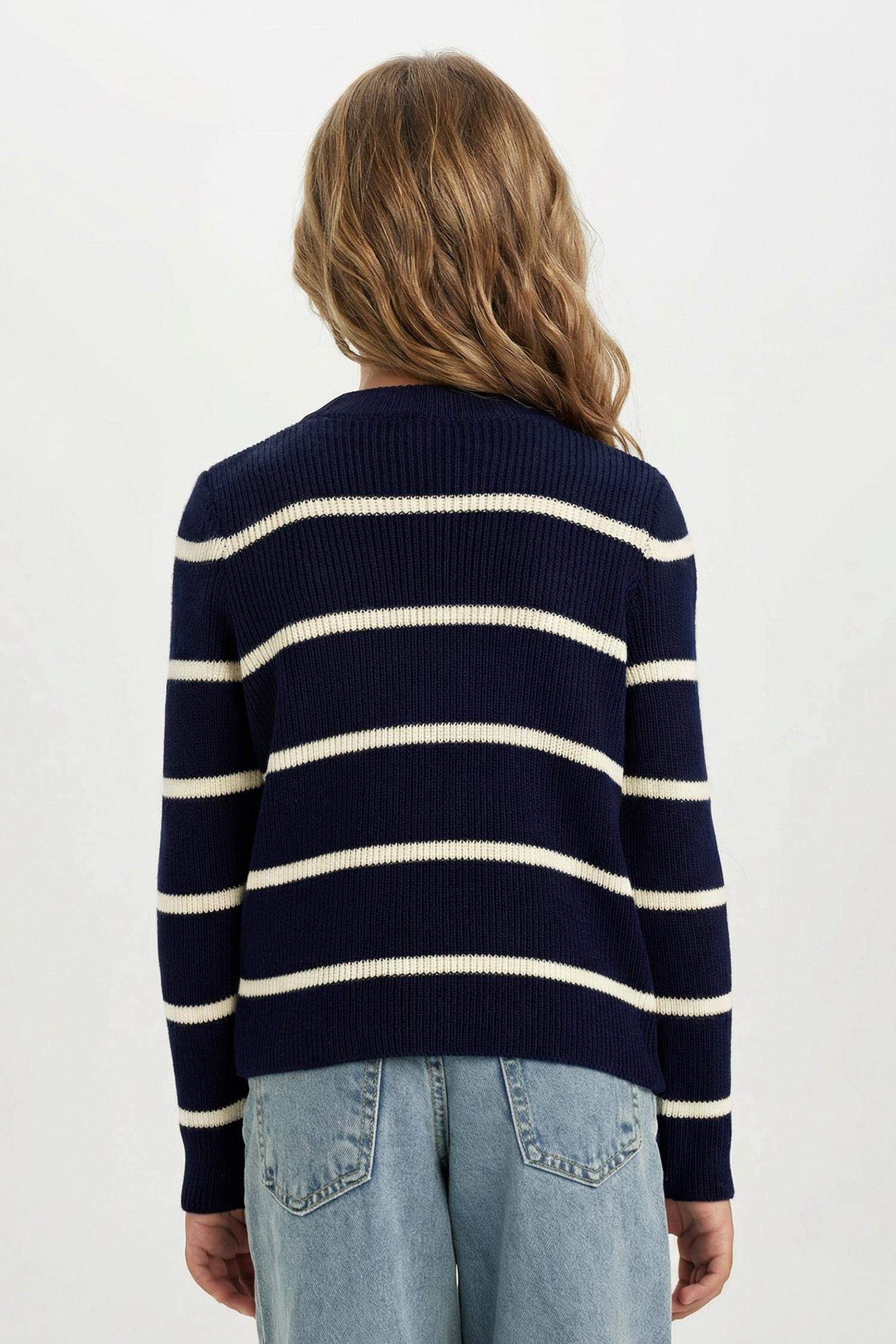 Kız Çocuk Lacivert Çizgili Fitted Bisiklet Yaka Triko Kazak