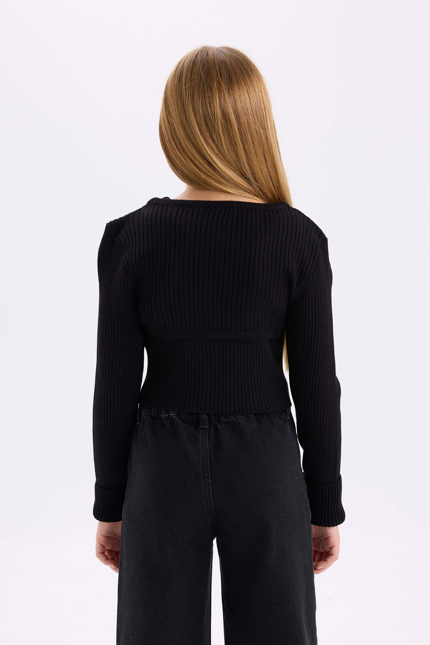 Kız Çocuk Fitted Bisiklet Yaka Triko Siyah Kazak