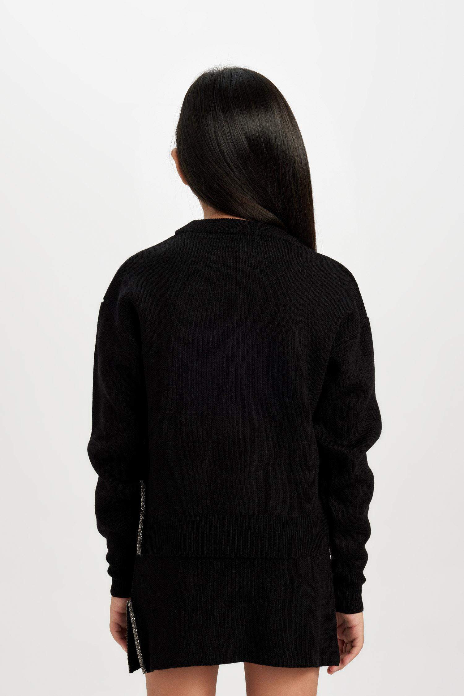 Girl Black Crew Neck Slit Knitted Pullover
