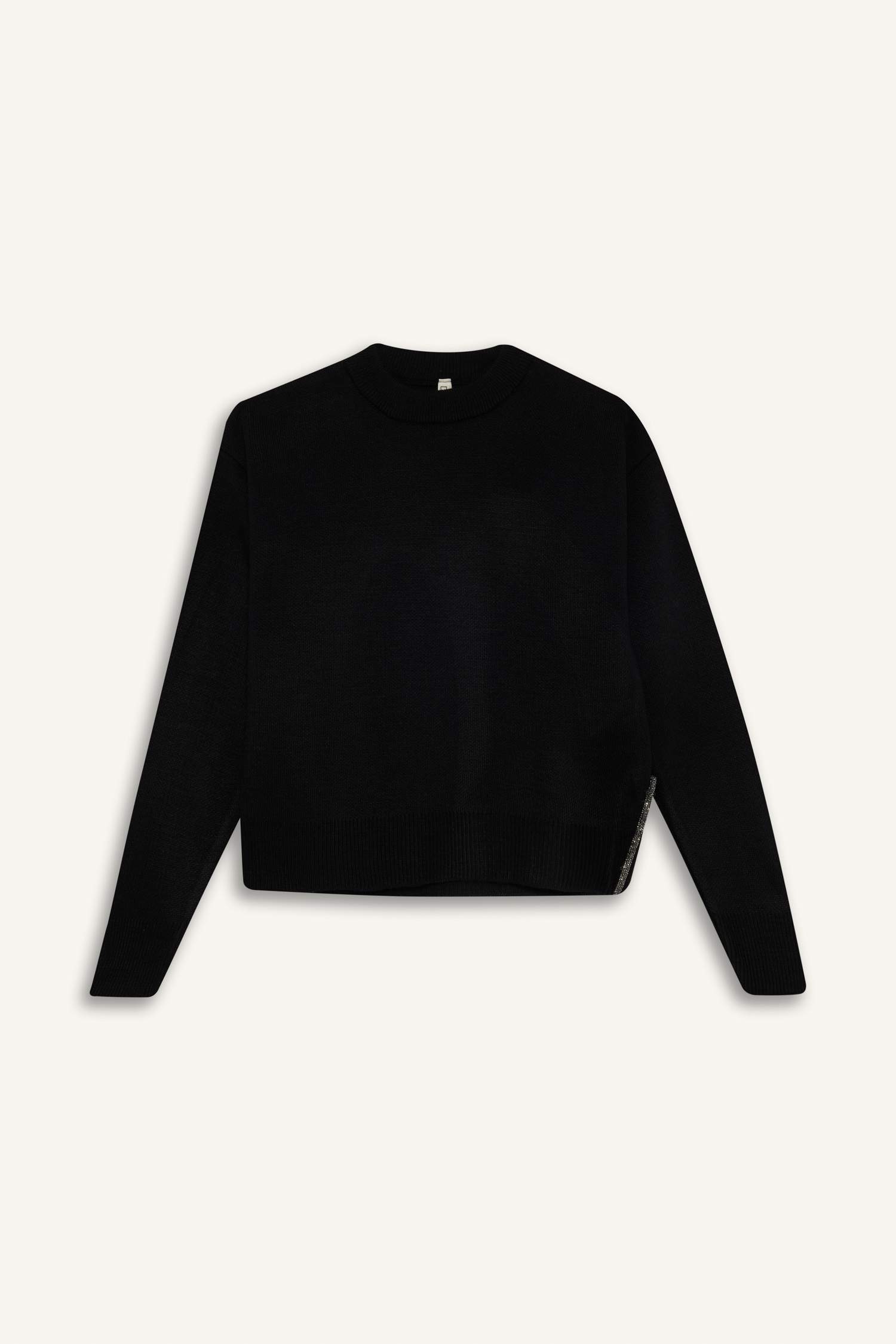 Girl Black Crew Neck Slit Knitted Pullover