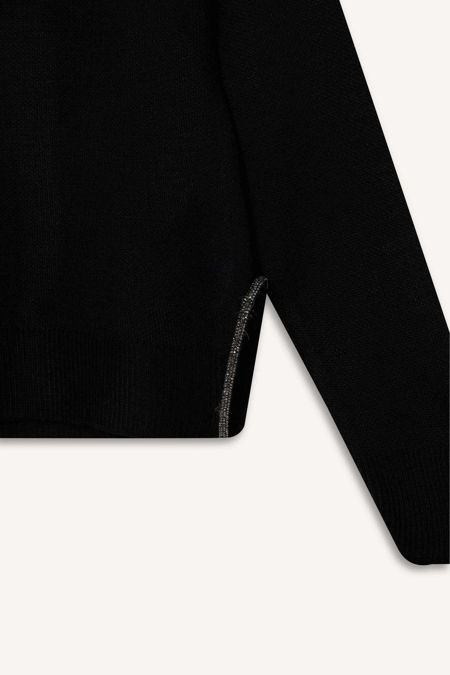 Girl Black Crew Neck Slit Knitted Pullover