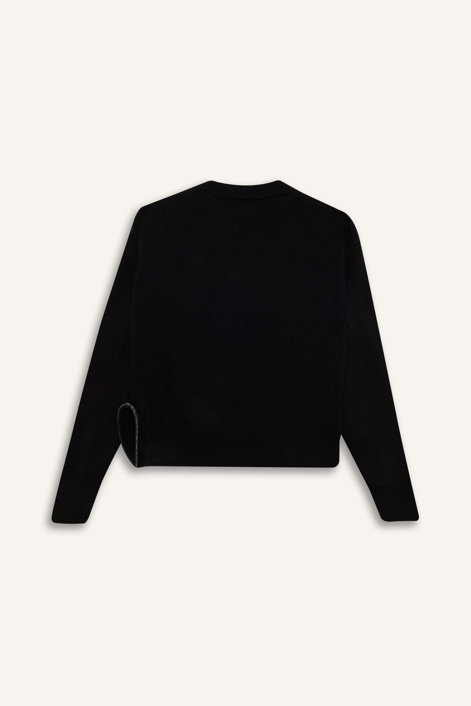 Girl Black Crew Neck Slit Knitted Pullover