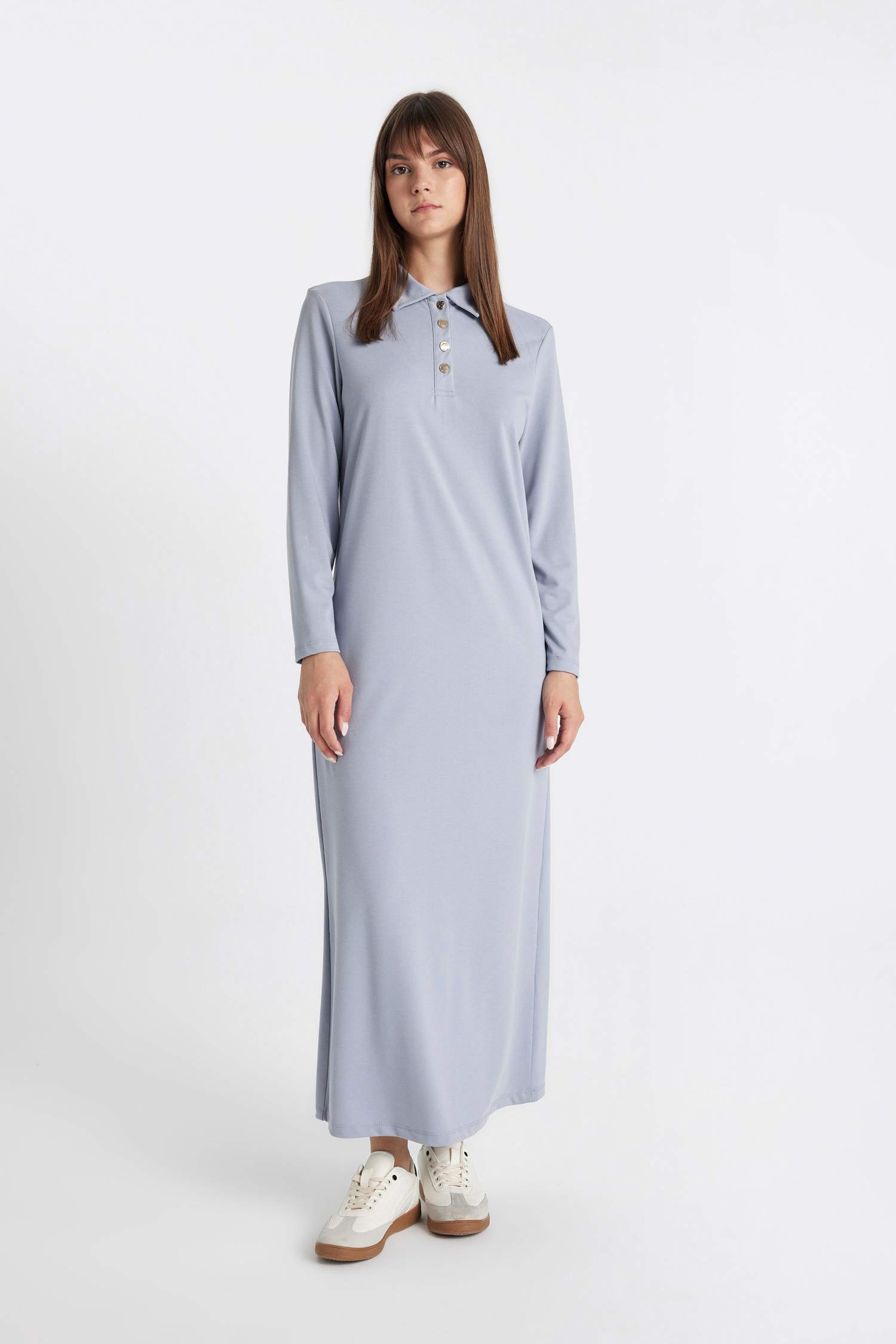 Regular Fit Düğmeli Polo Yaka Basic Düz Uzun Kollu Pike Maxi Elbise