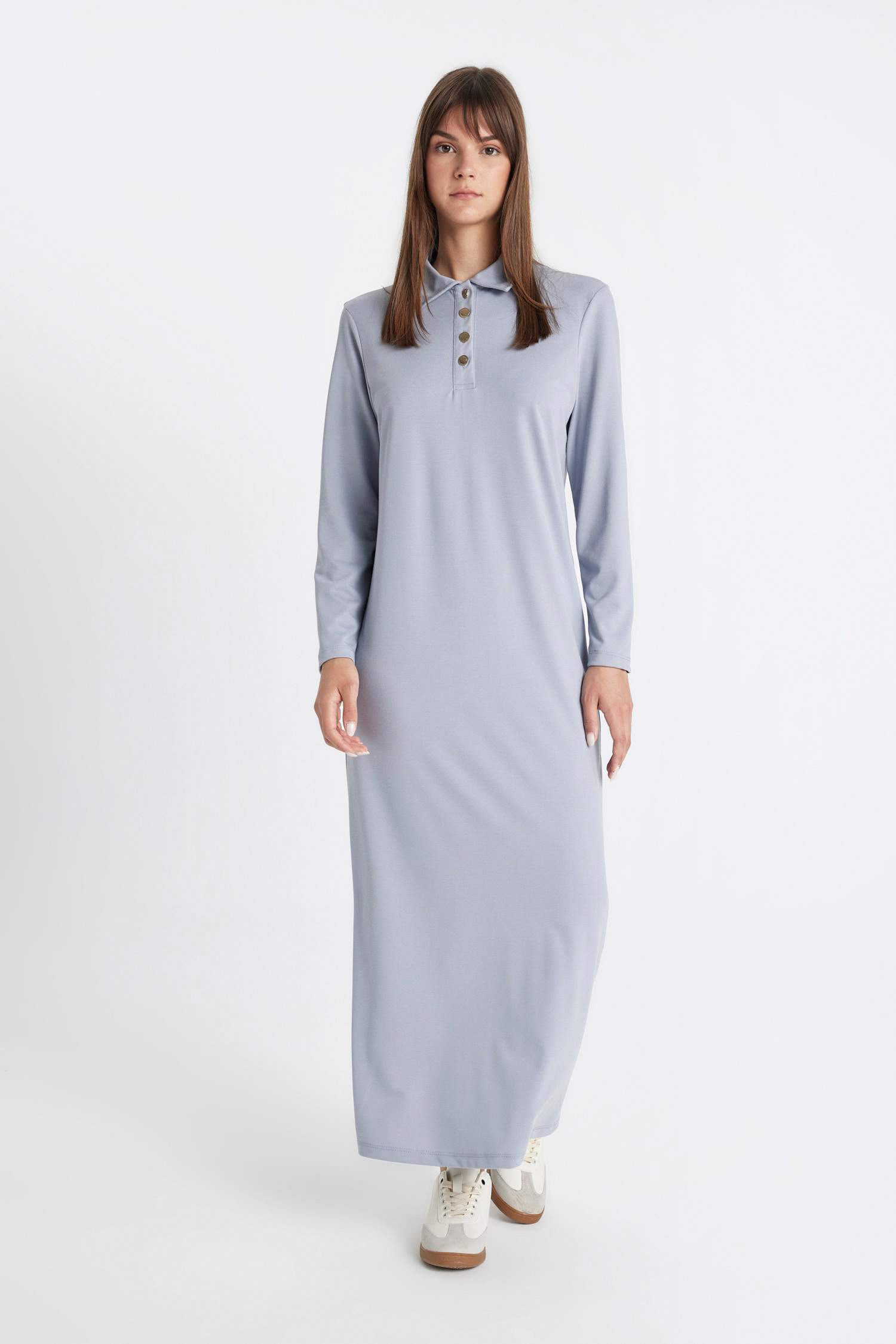 Regular Fit Düğmeli Polo Yaka Basic Düz Uzun Kollu Pike Maxi Elbise