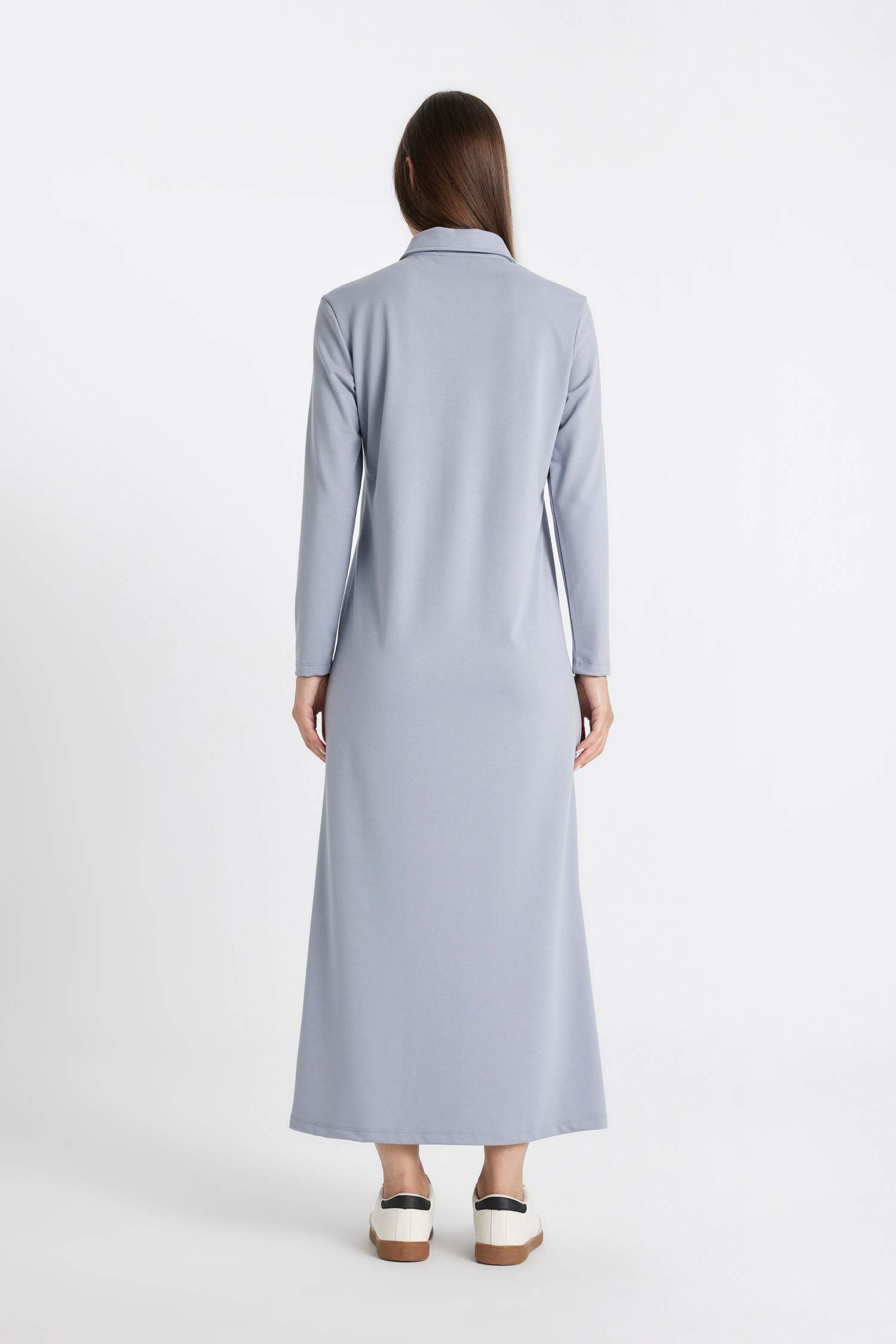 Regular Fit Düğmeli Polo Yaka Basic Düz Uzun Kollu Pike Maxi Elbise