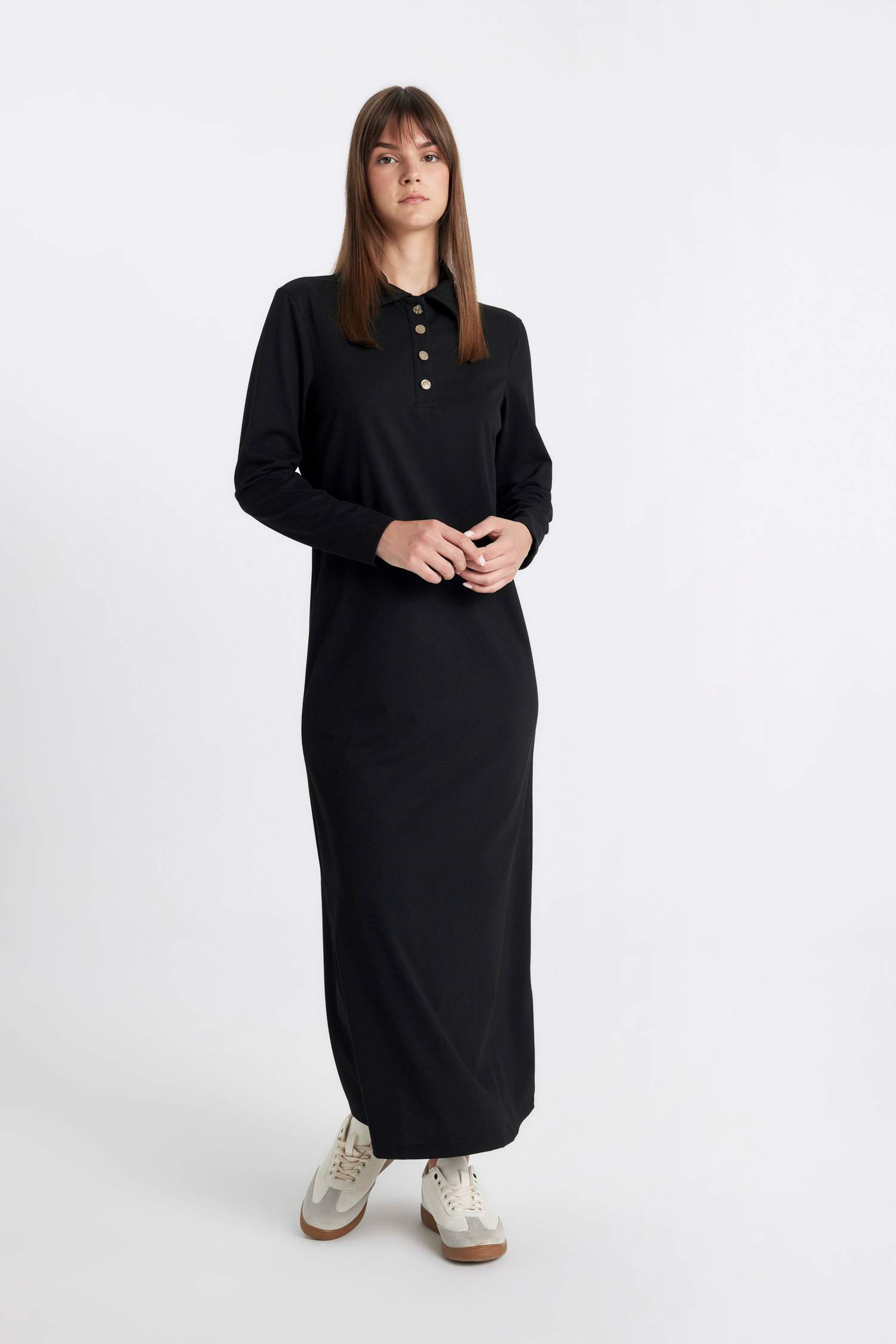 Regular Fit Polo Yaka Uzun Kollu Pike Maxi Basic Elbise