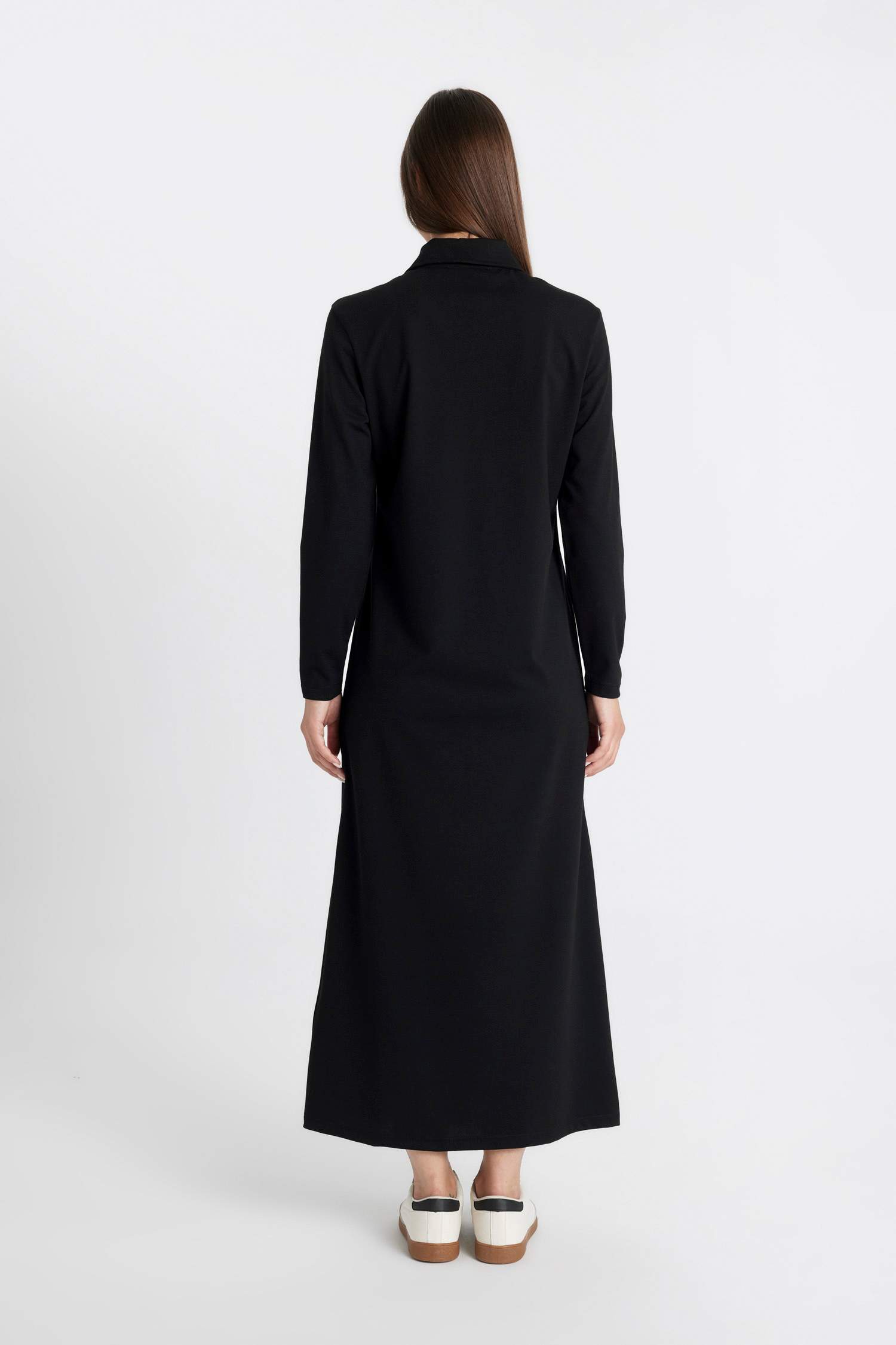 Regular Fit Polo Yaka Uzun Kollu Pike Maxi Basic Elbise