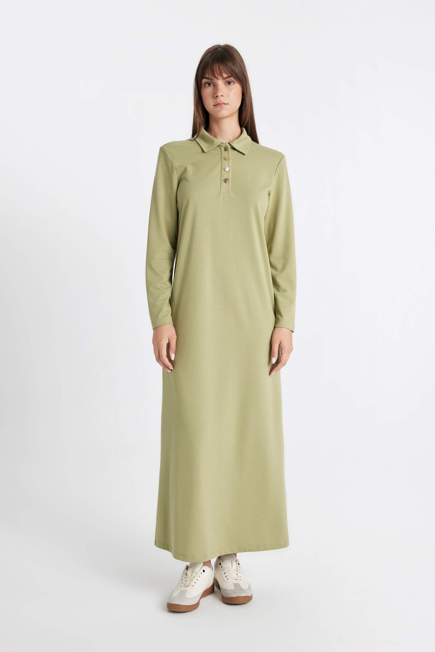 Regular Fit Polo Yaka Uzun Kollu Pike Maxi Basic Düz Elbise