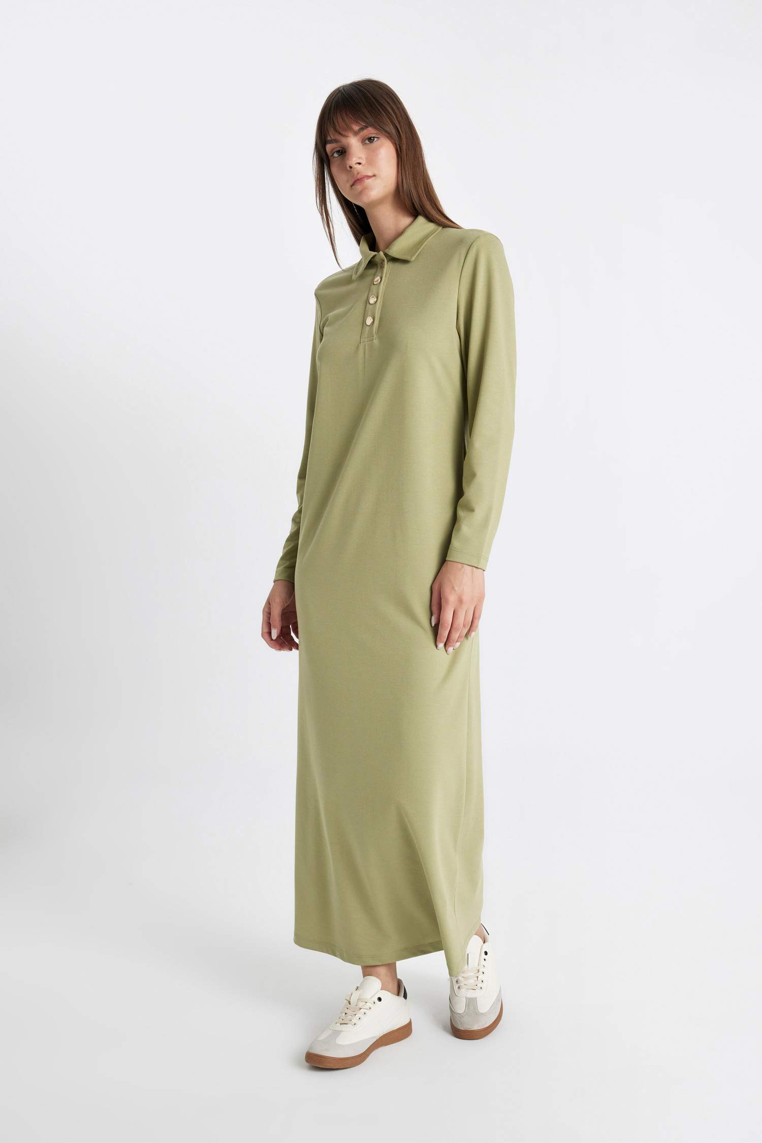 Regular Fit Polo Yaka Uzun Kollu Pike Maxi Basic Düz Elbise