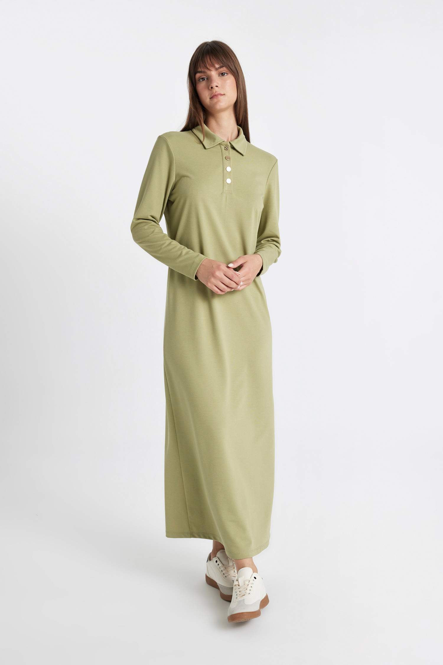 Regular Fit Polo Yaka Uzun Kollu Pike Maxi Basic Düz Elbise
