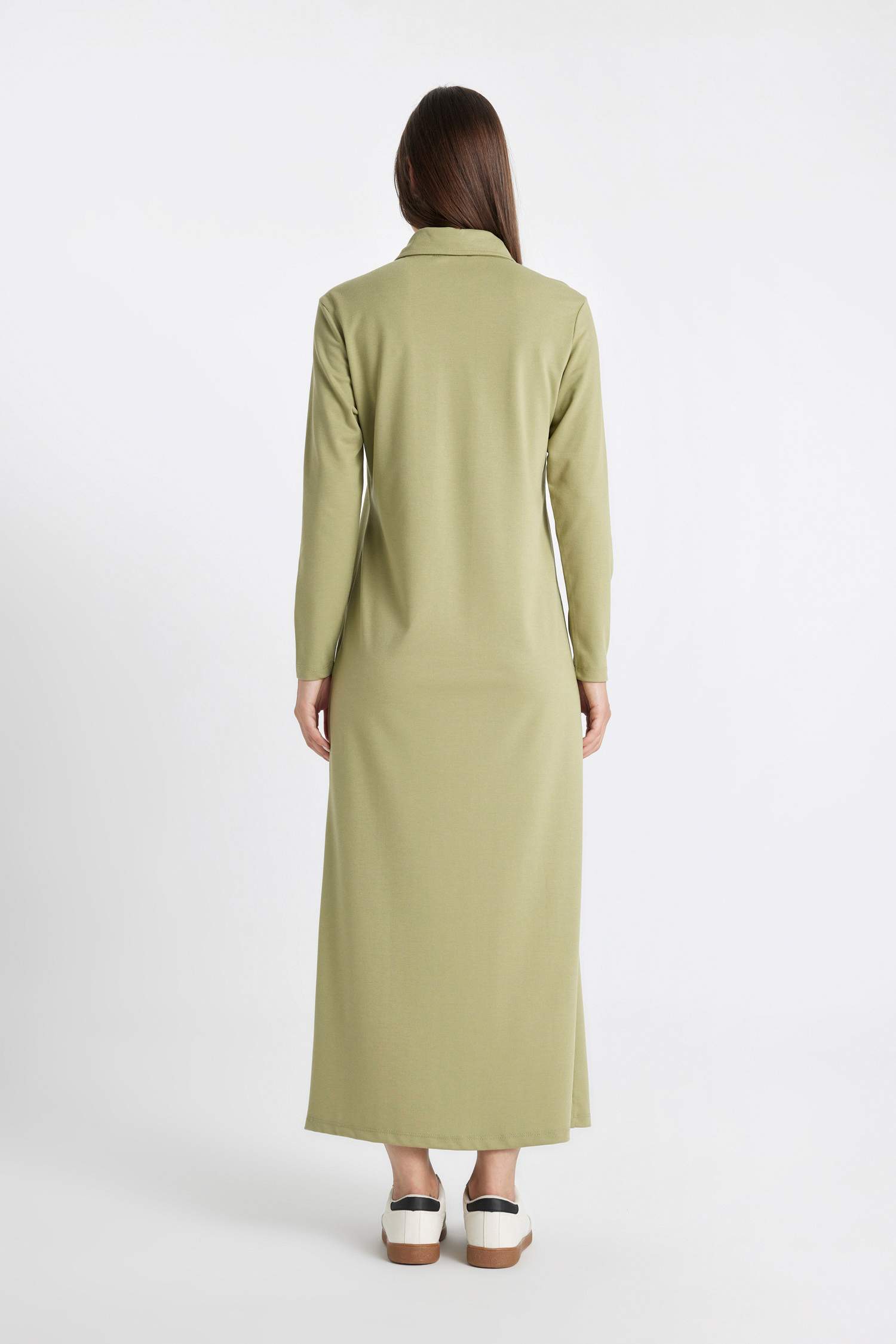 Regular Fit Polo Yaka Uzun Kollu Pike Maxi Basic Düz Elbise