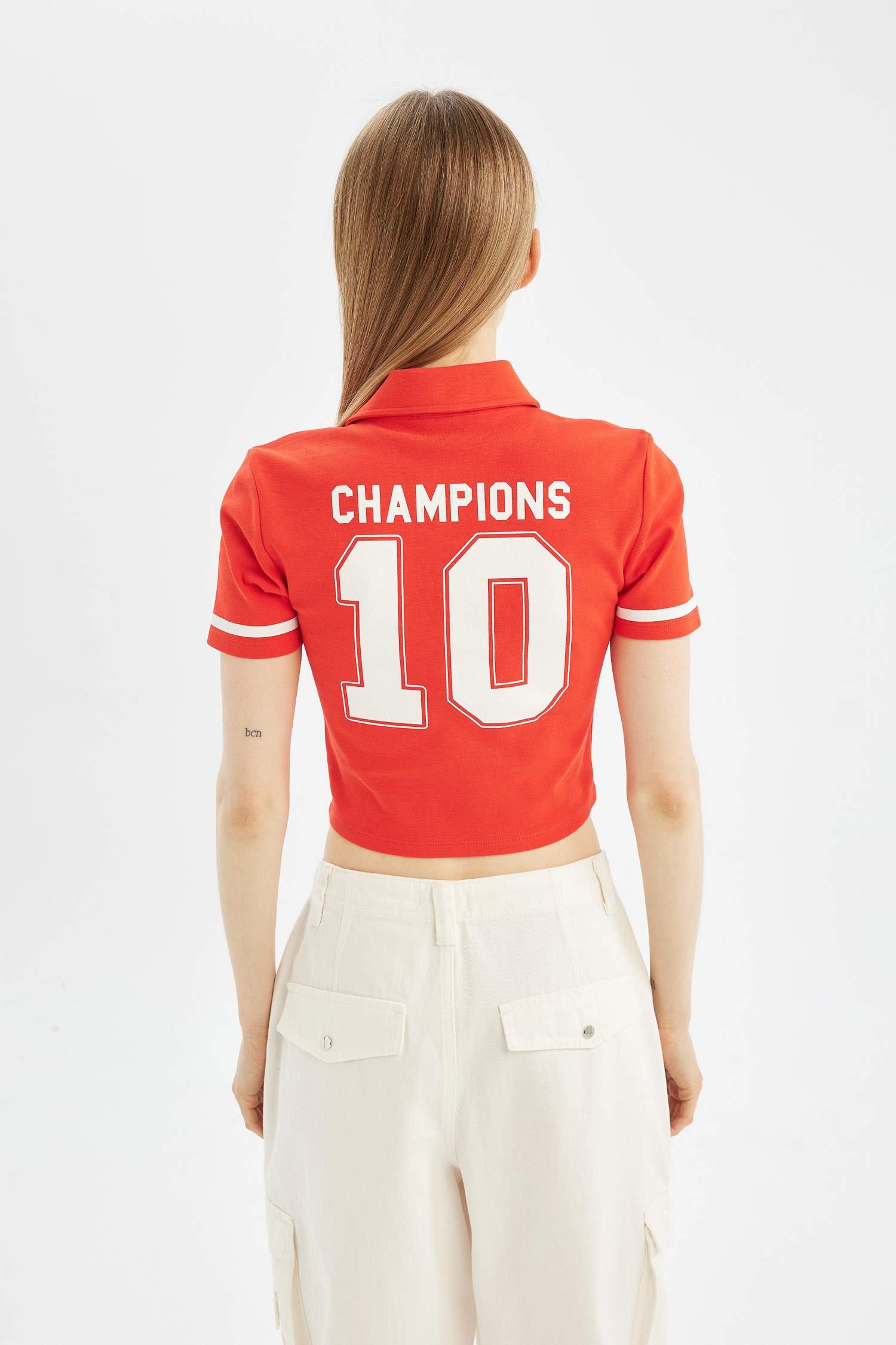 Fitted Polo Neck Printed Ribbed Short Sleeve T-Shirt