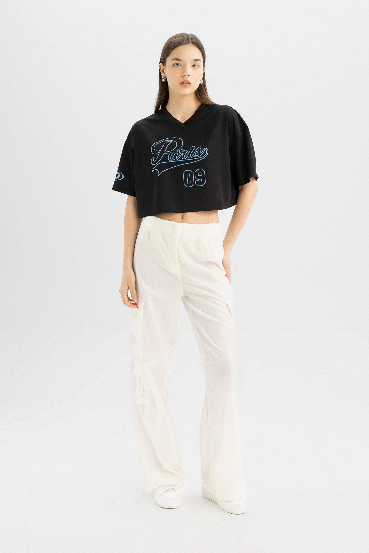 Oversize Fit V Neck Printed Short Sleeve T-Shirt