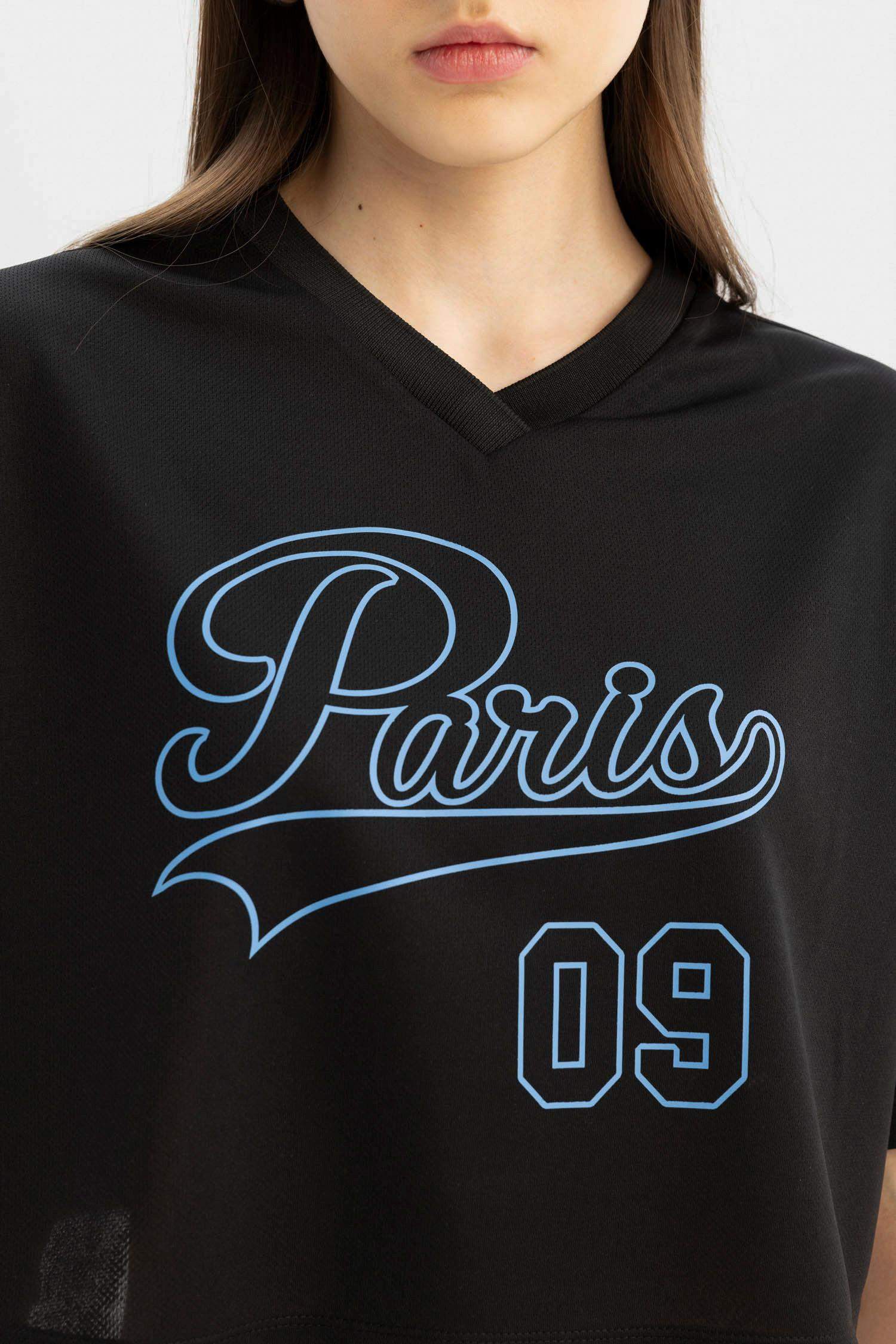 Oversize Fit V Neck Printed Short Sleeve T-Shirt