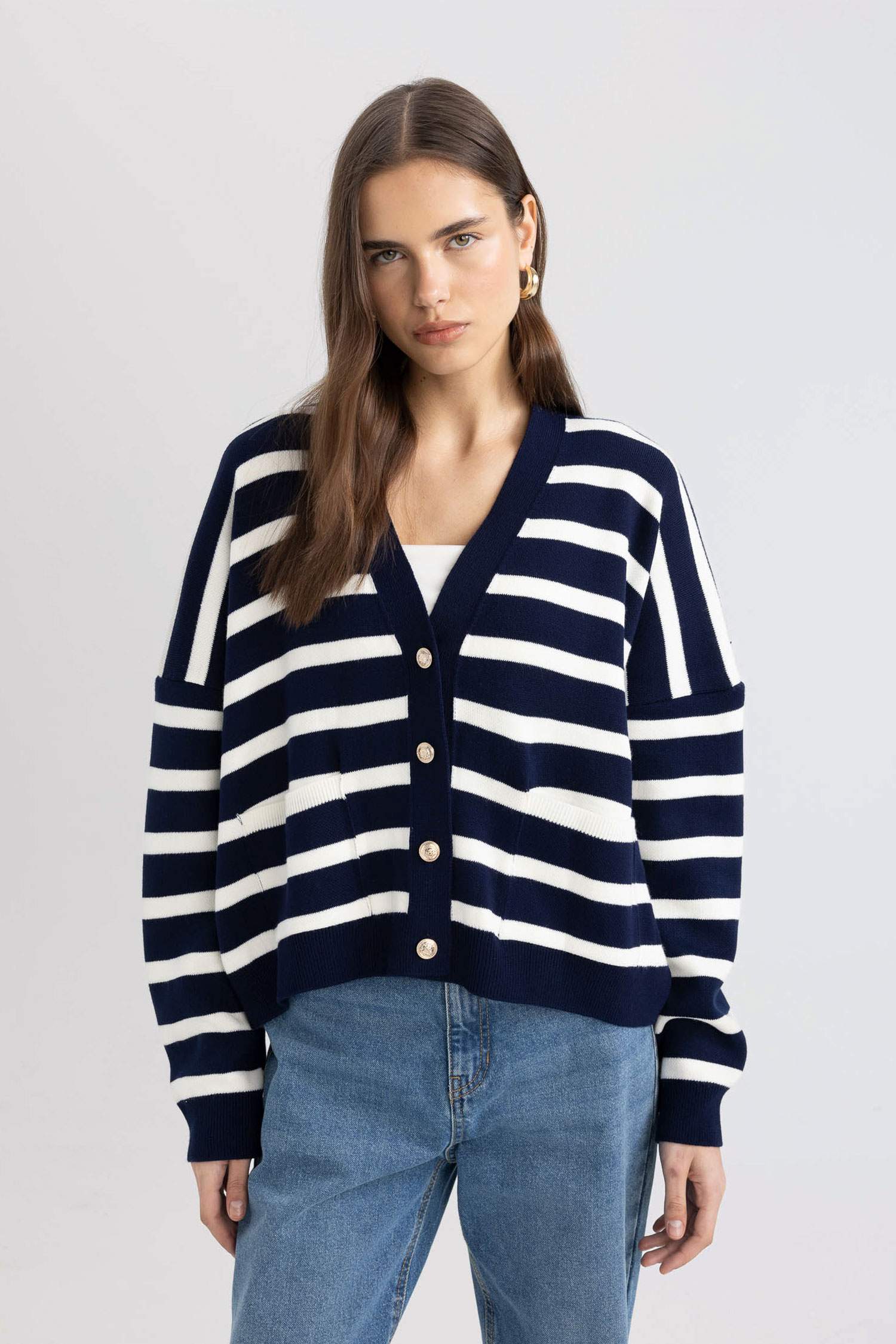 Oversize Geniş Kalıp Geniş Kalıp Çizgili V Yaka Triko Hırka