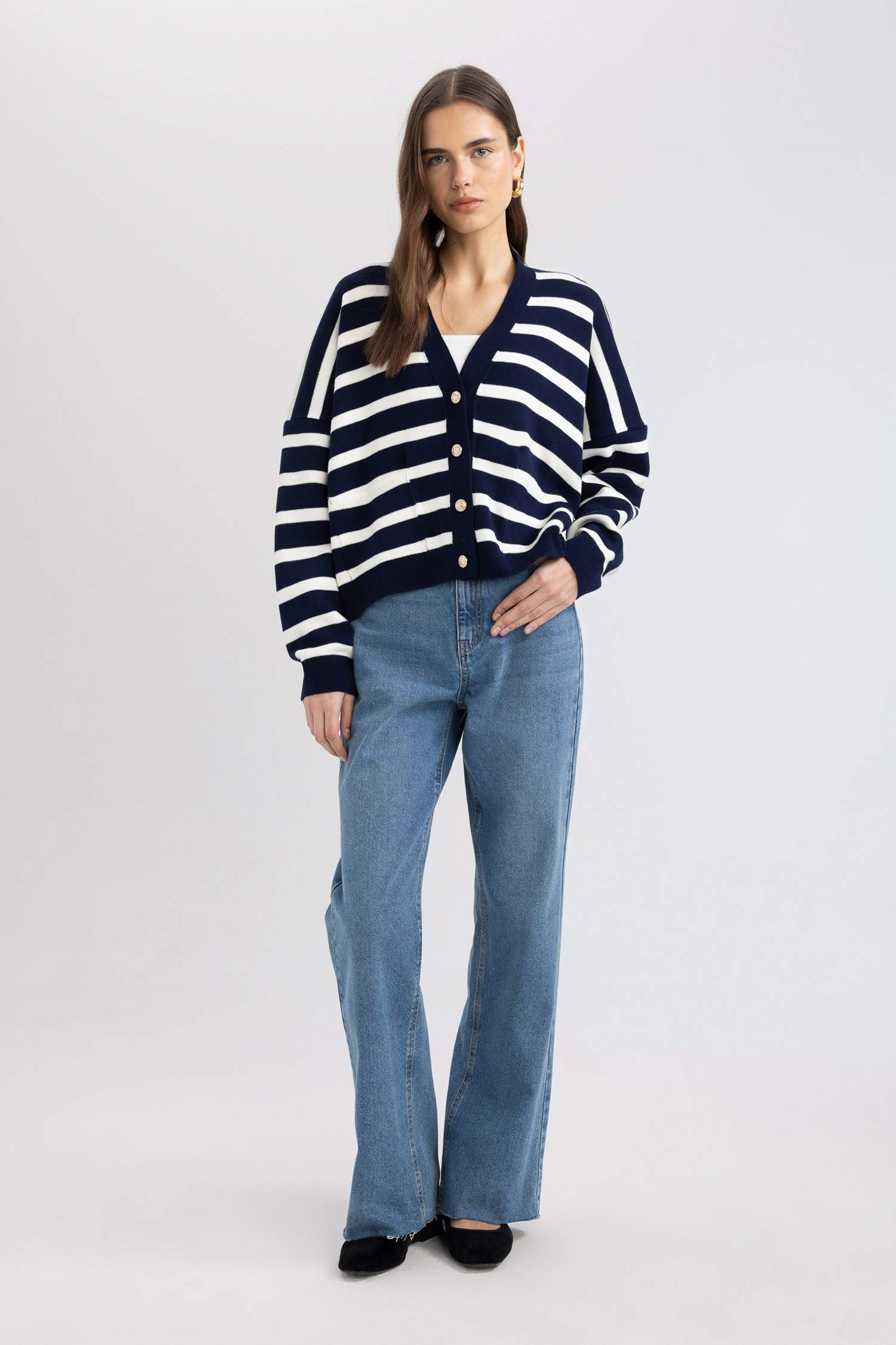 Oversize Geniş Kalıp Geniş Kalıp Çizgili V Yaka Triko Hırka