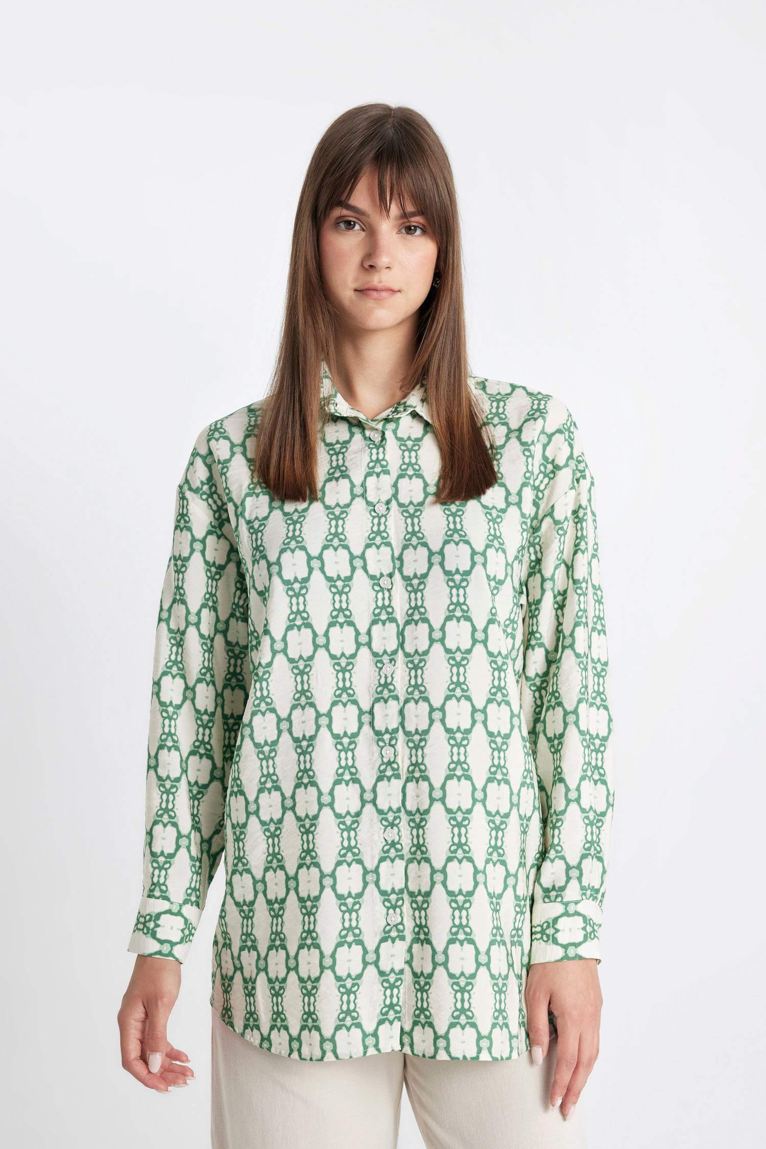 Relax Fit Patterned Long Sleeve Shirt Tunic
