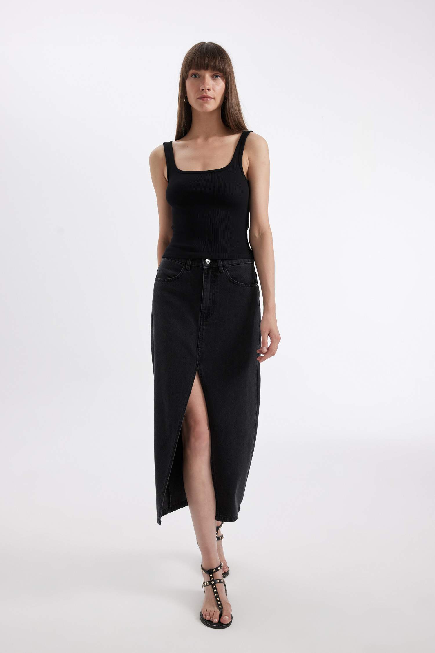 Long Fit Yırtmaçlı Jean Midi Etek