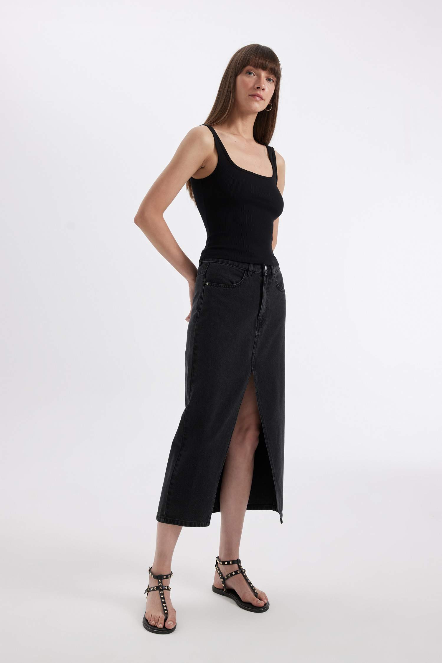 Long Fit Yırtmaçlı Jean Midi Etek