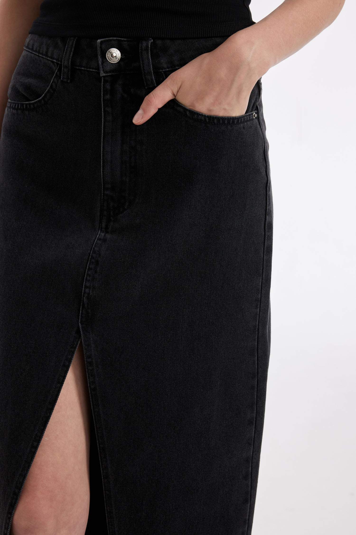 Long Fit Yırtmaçlı Jean Midi Etek