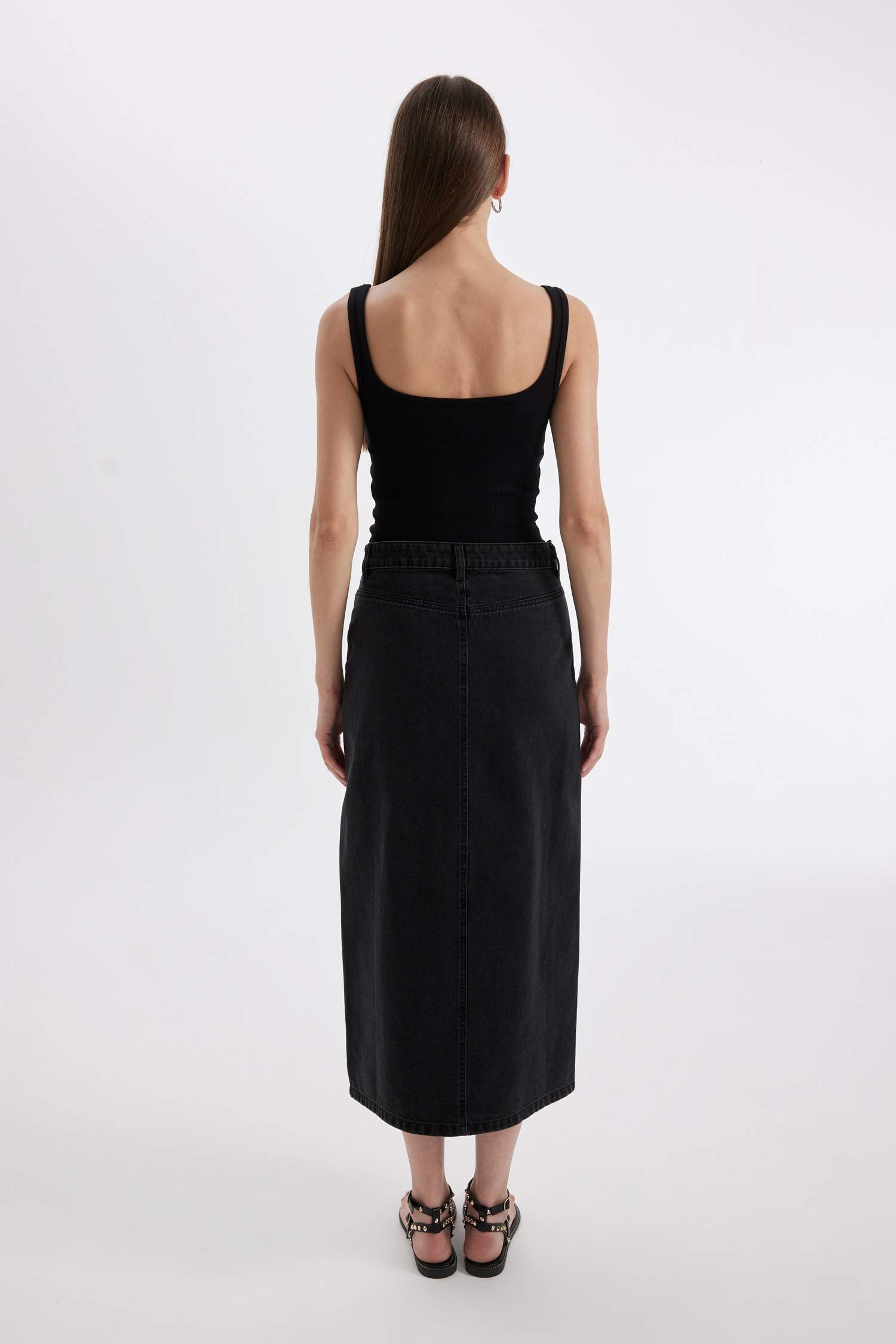 Long Fit Yırtmaçlı Jean Midi Etek