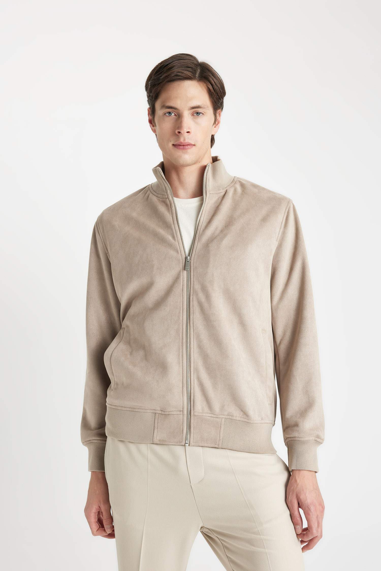 Slim Fit Dar Kesim Dik Yaka Astarlı Fermuarlı Cepli Süet Mevsimlik Baharlık Mont