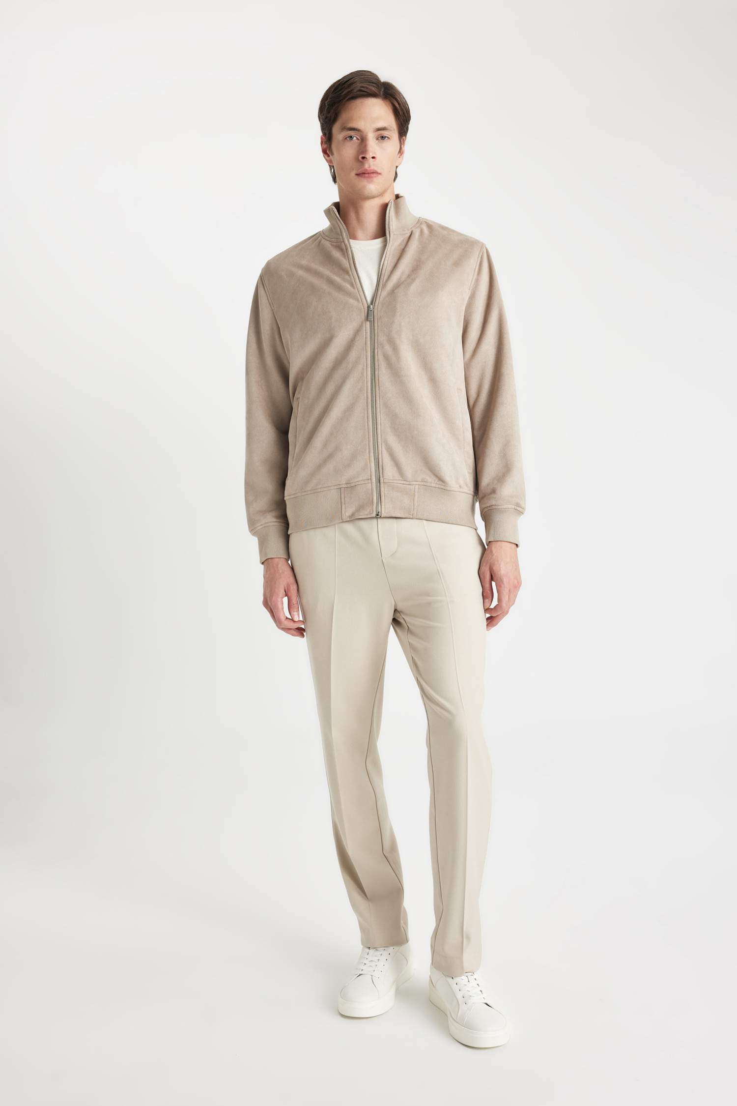 Slim Fit Dar Kesim Dik Yaka Astarlı Fermuarlı Cepli Süet Mevsimlik Baharlık Mont