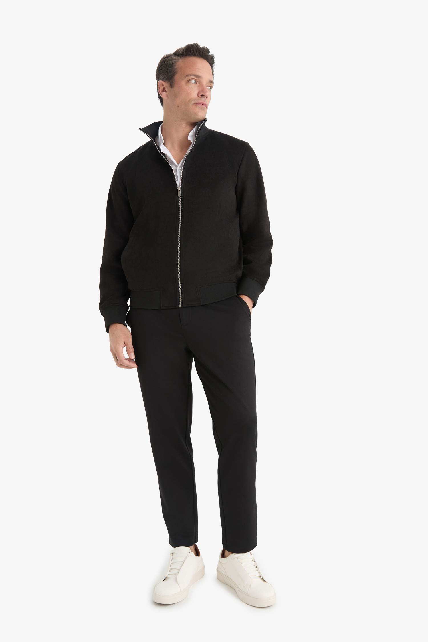 Slim Fit Dar Kesim Dik Yaka Astarlı Fermuarlı Cepli Süet Mevsimlik Baharlık Mont