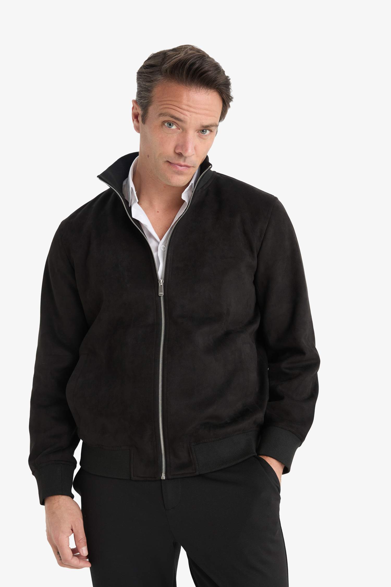 Slim Fit Dar Kesim Dik Yaka Astarlı Fermuarlı Cepli Süet Mevsimlik Baharlık Mont