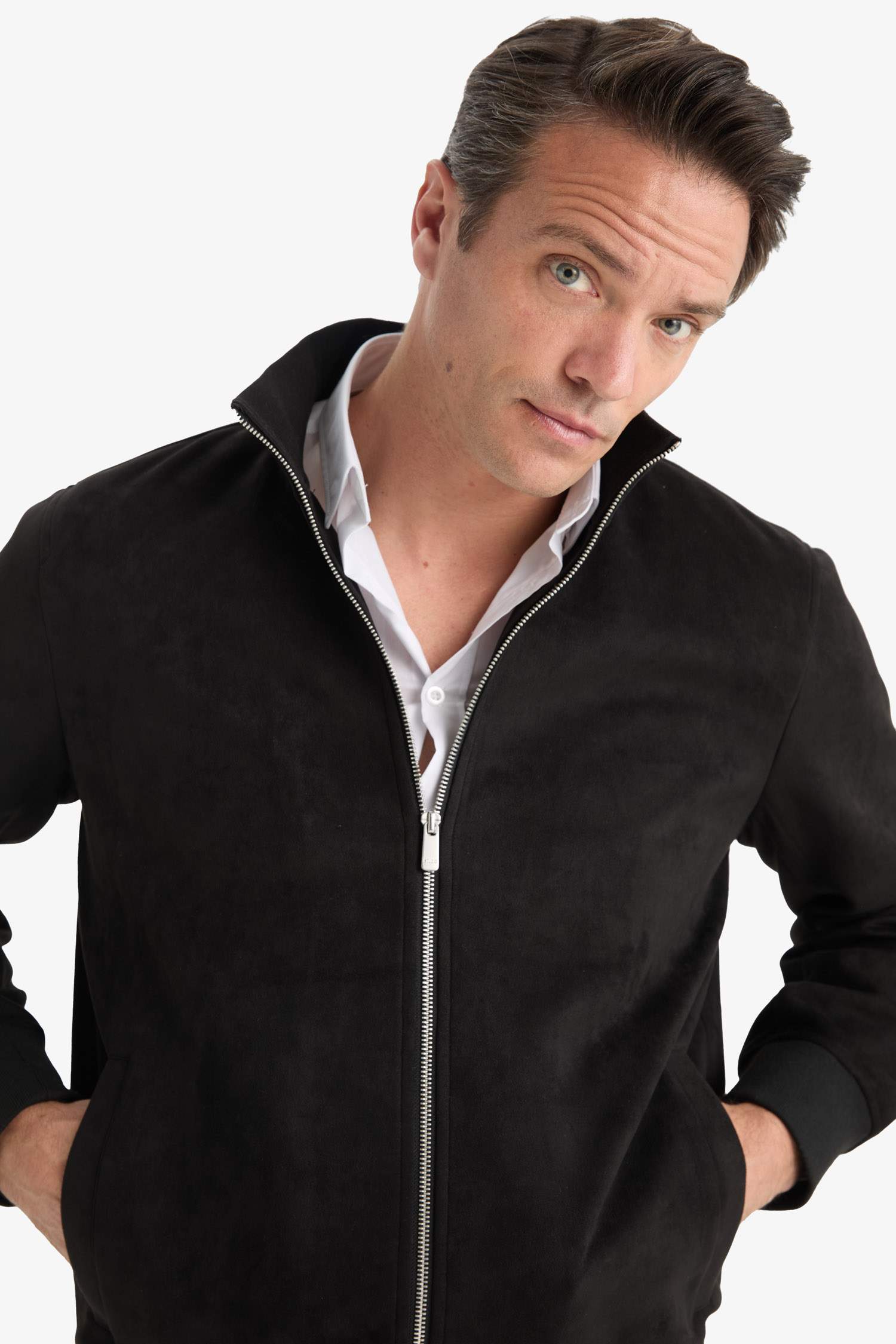 Slim Fit Dar Kesim Dik Yaka Astarlı Fermuarlı Cepli Süet Mevsimlik Baharlık Mont