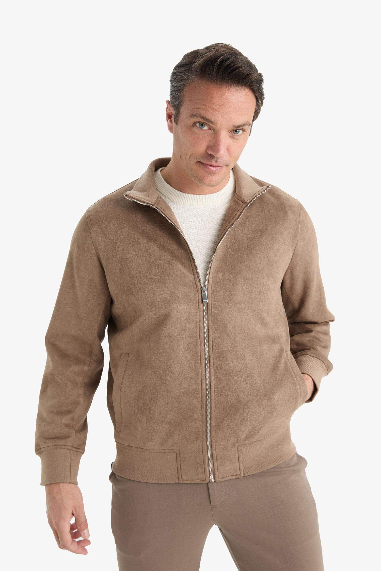 Slim Fit Suede High Neck Puffer Jacket