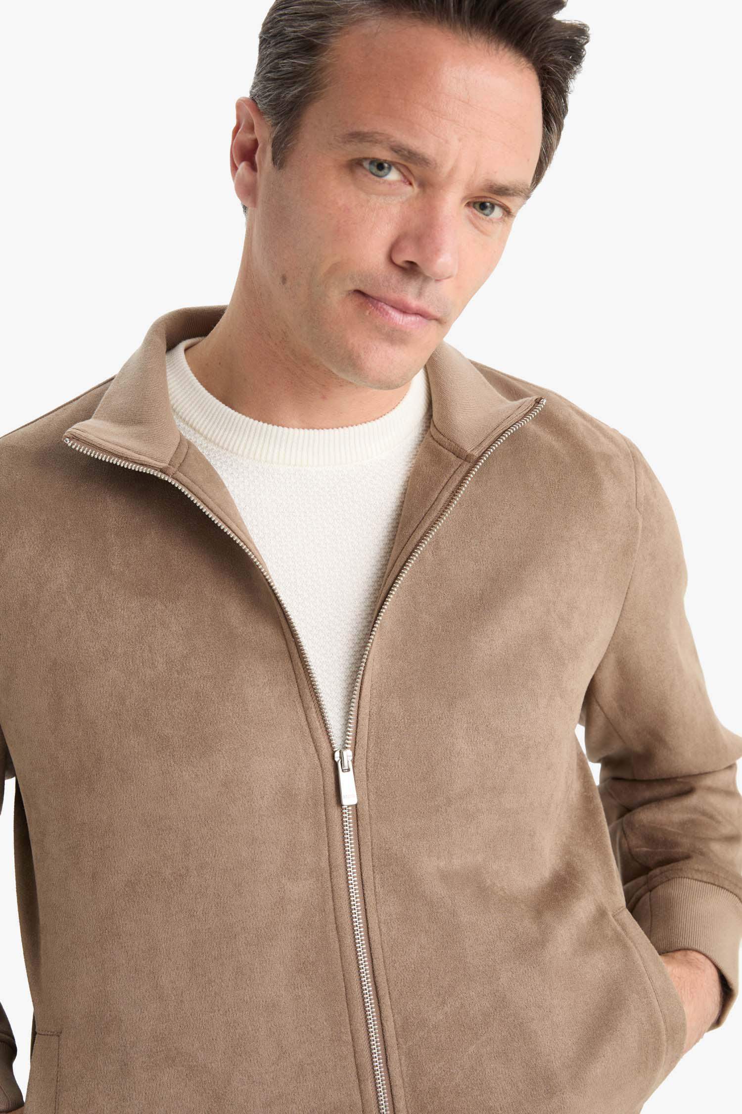 Slim Fit Suede High Neck Puffer Jacket