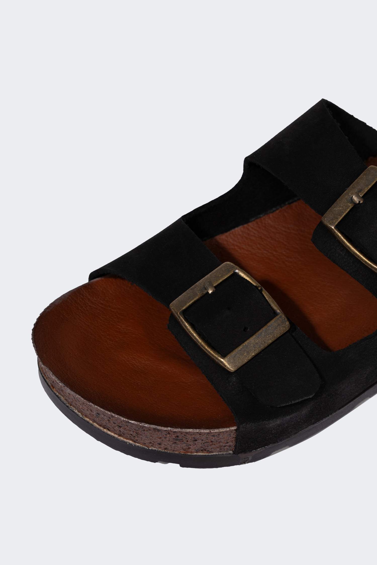 Man Flat Sole Double Banded Leather Slippers