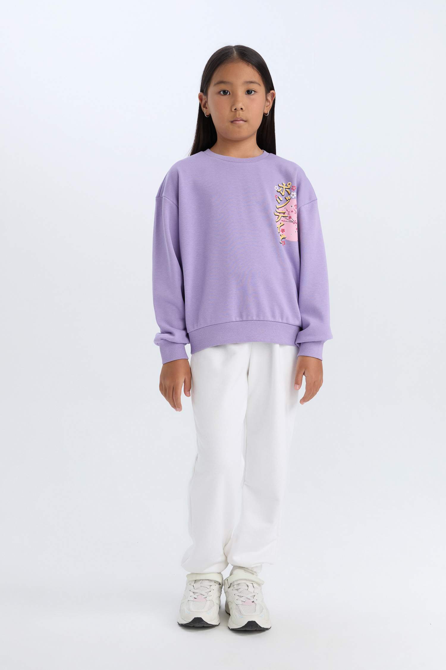 Kız Çocuk Relax Fit Bisiklet Yaka Baskılı Sweatshirt