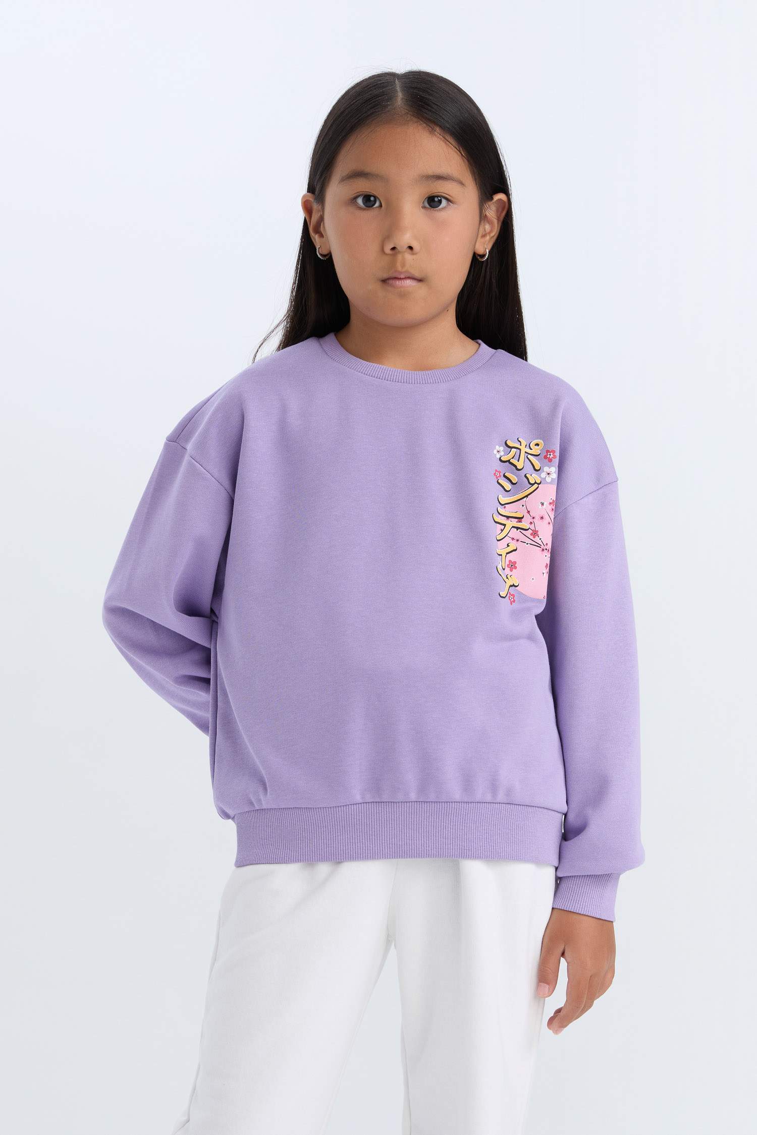 Kız Çocuk Relax Fit Bisiklet Yaka Baskılı Sweatshirt