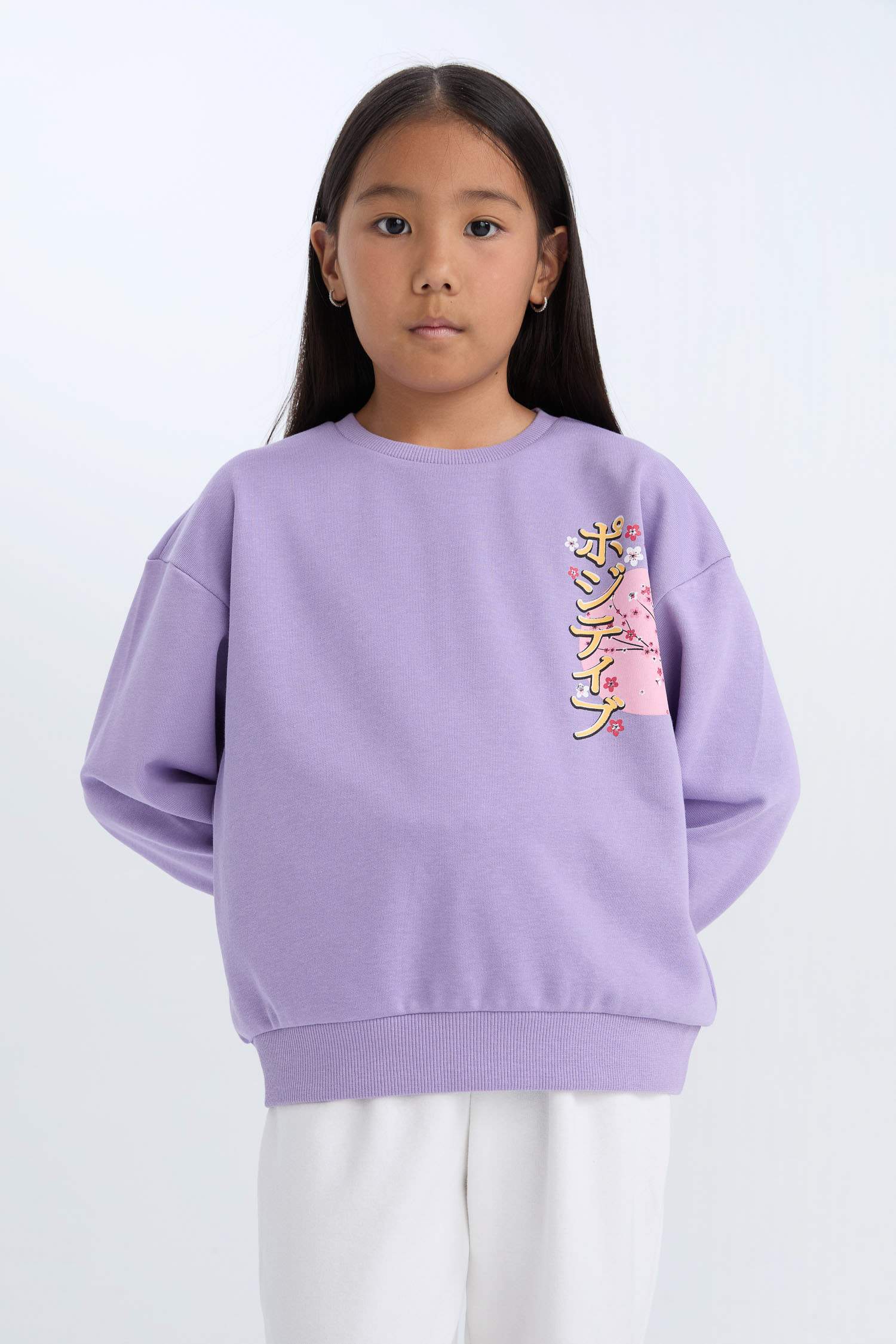 Kız Çocuk Relax Fit Bisiklet Yaka Baskılı Sweatshirt