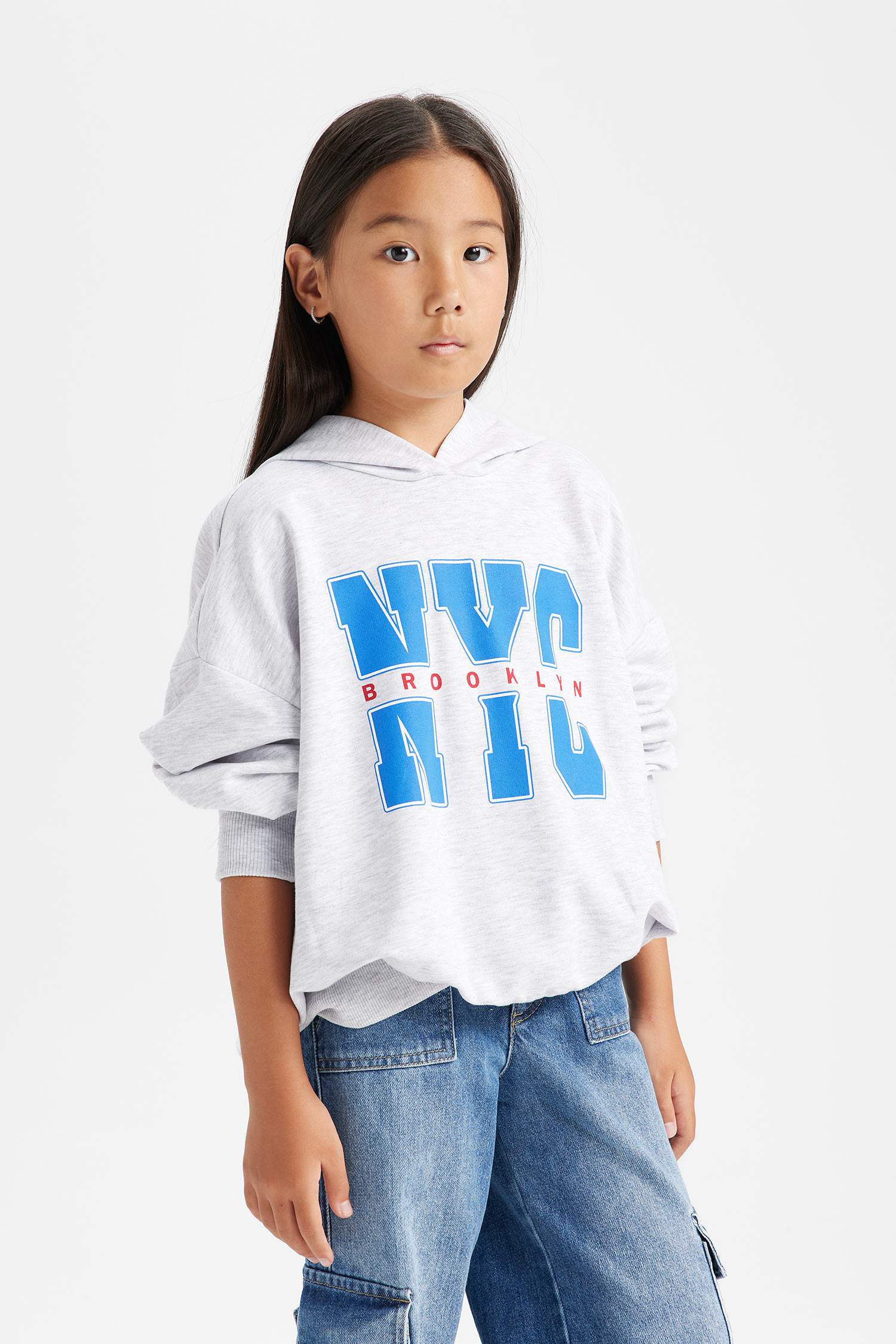 Kız Çocuk Oversize Geniş Kalıp Kapüşonlu Baskılı İçi Yumuşak Tüylü Sweatshirt