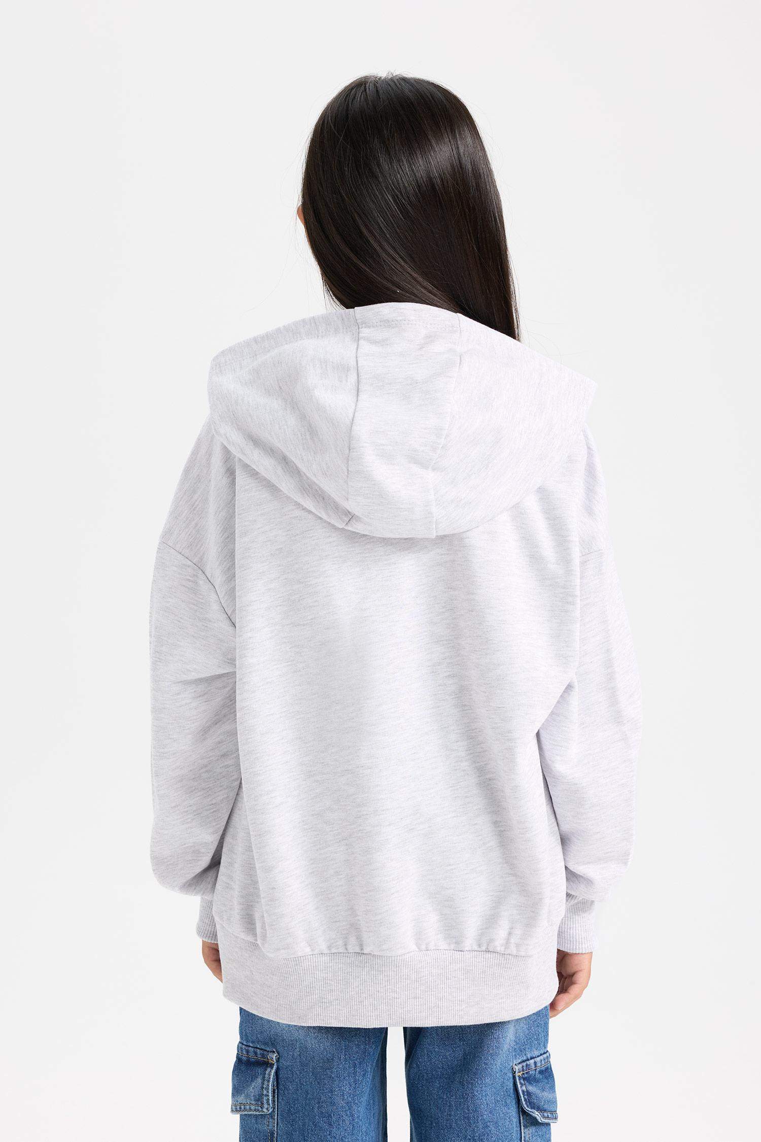 Kız Çocuk Oversize Geniş Kalıp Kapüşonlu Baskılı İçi Yumuşak Tüylü Sweatshirt