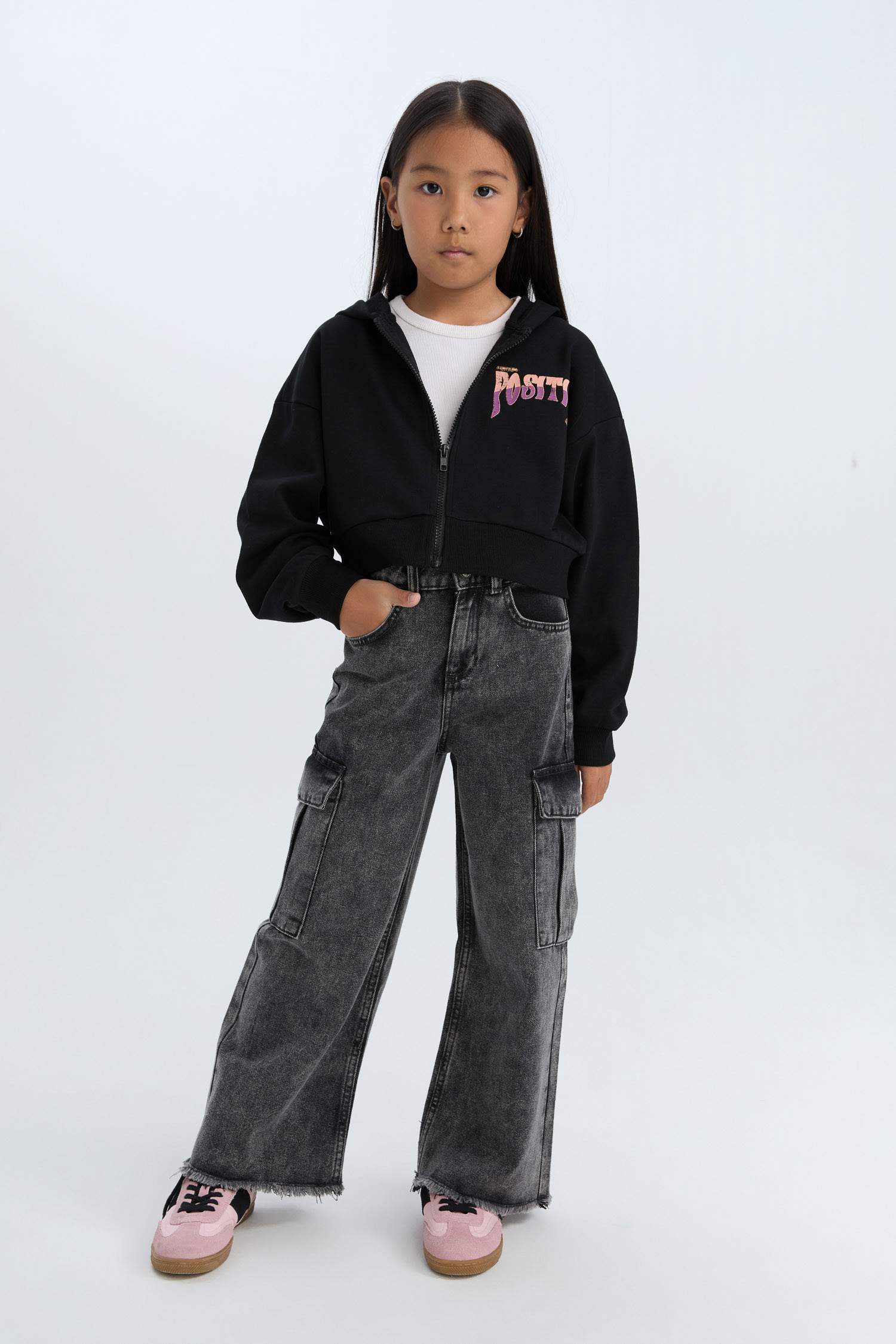 Kız Çocuk Baskılı Kapüşonlu İçi Yumuşak Tüylü Fermuarlı Sweatshirt