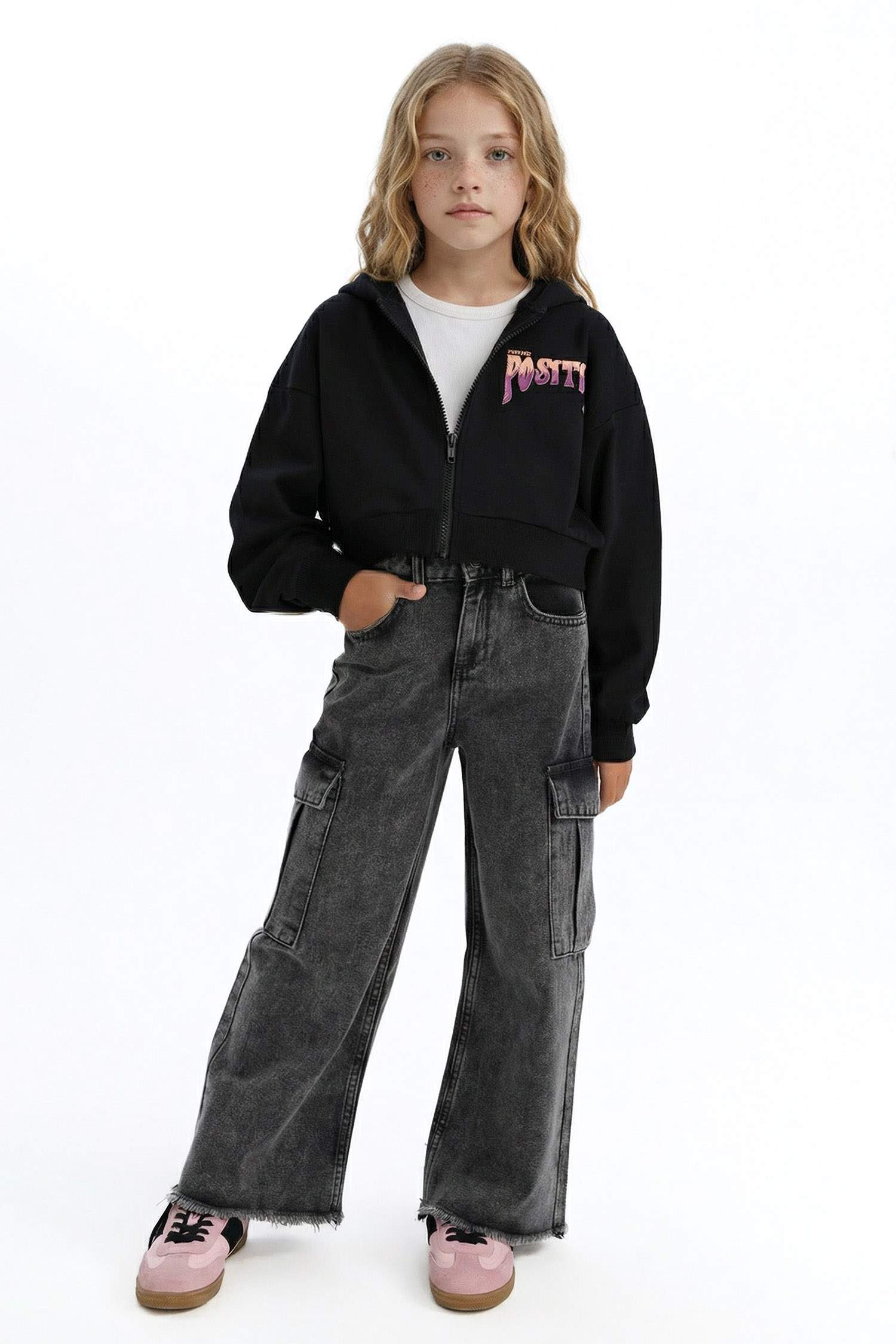 Kız Çocuk Baskılı Kapüşonlu İçi Yumuşak Tüylü Fermuarlı Sweatshirt